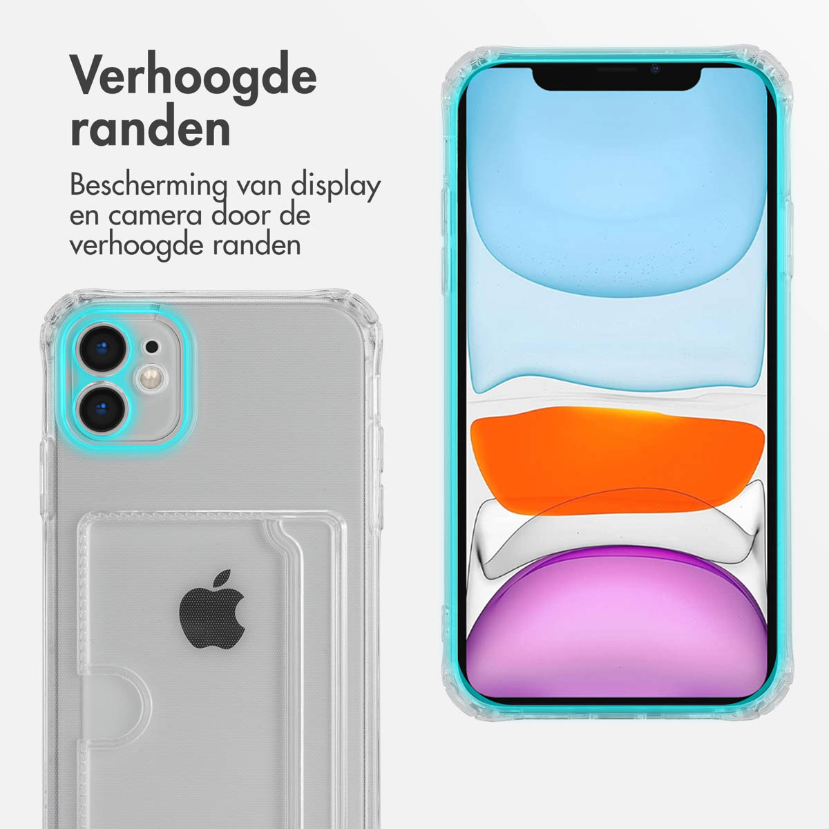 Transparante telefoonhoes met kaartsleuf en Apple-logo. Een telefoon met blauwe hoes rechts.