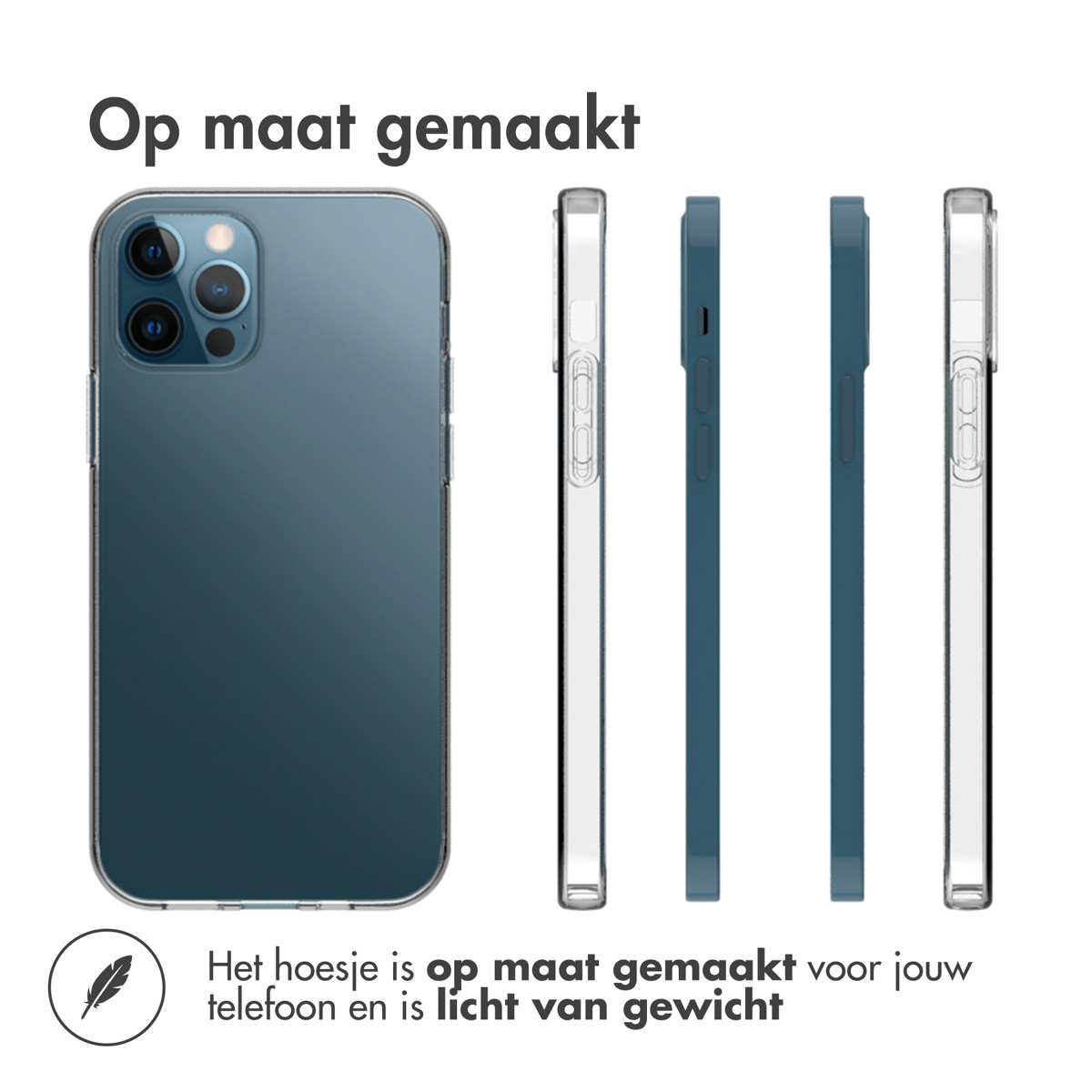 Téléphone avec étui transparent avec dos bleu et vues latérales. Texte en néerlandais. Icône de plume.