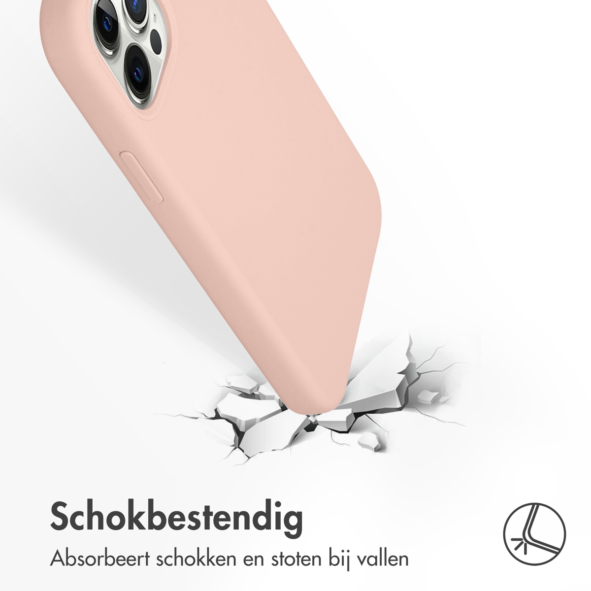 Roze telefoonhoes met een telefoon en impact. De achtergrond is wit.