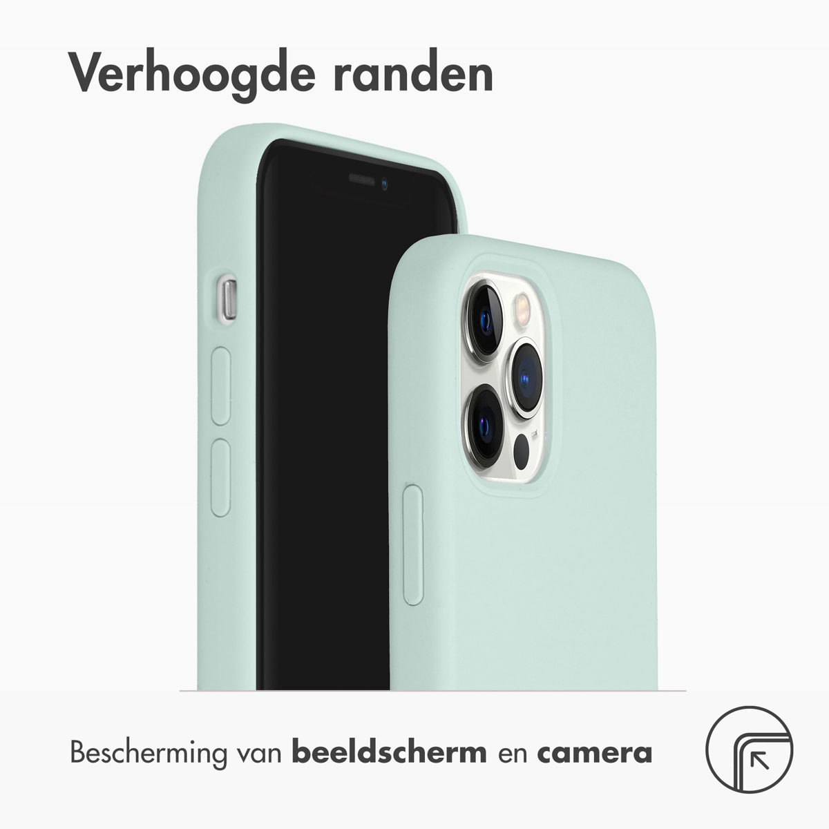 Mintgroene telefoonhoes met zwart scherm. De case staat rechts en beschermt het scherm en de camera.