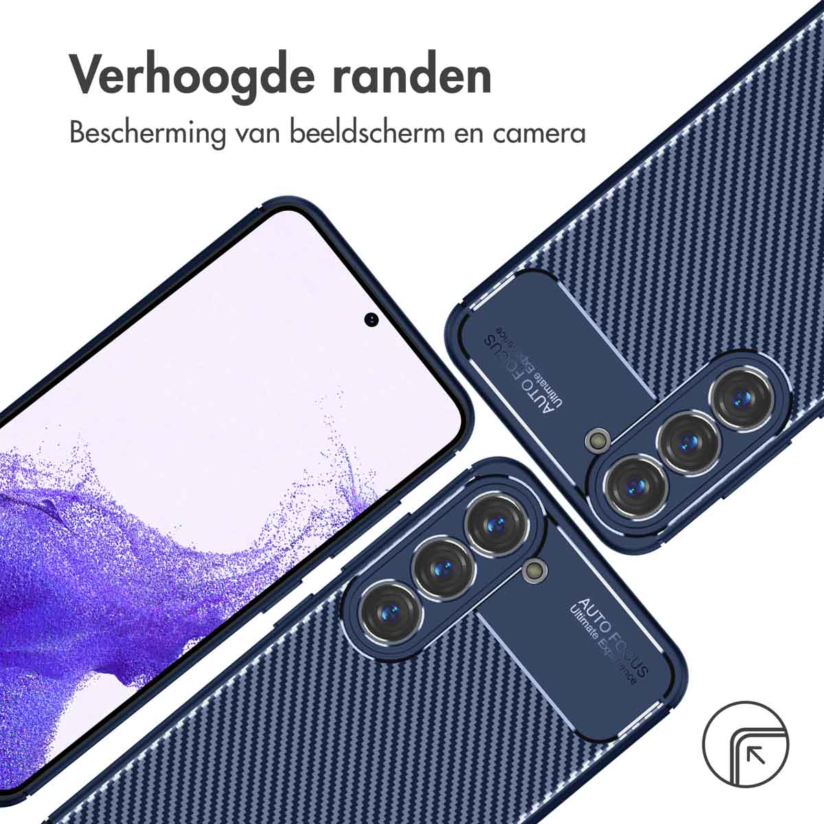 Drie blauwe telefoonhoesjes met cameramodules en tekst.