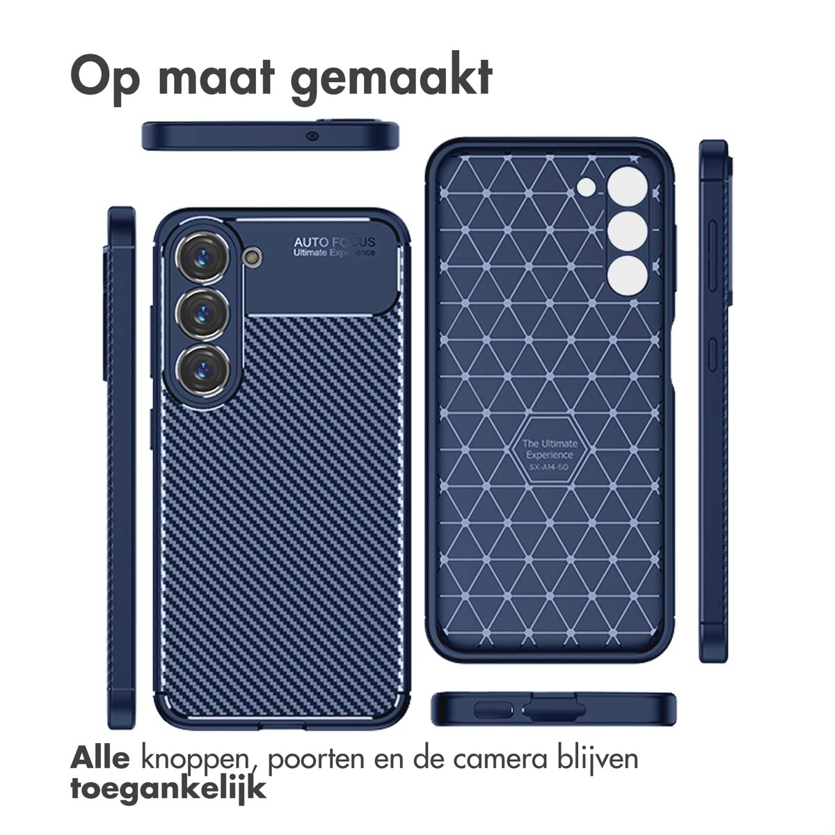 Drie donkerblauwe telefoonhoesjes met honingraatpatroon en camera-uitsparing.