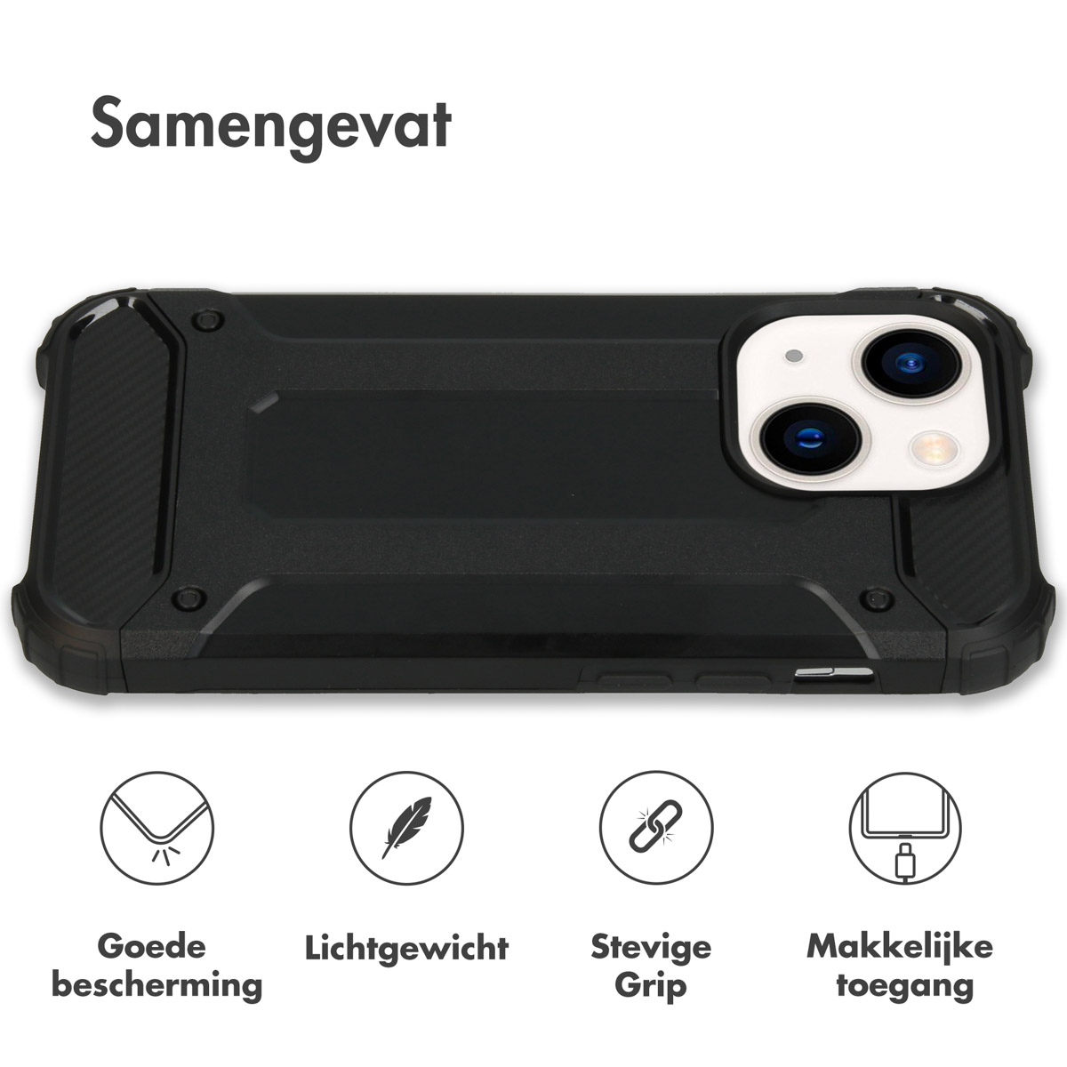 Black phone case with camera cutout and icons for protection, lightweight, grip.
