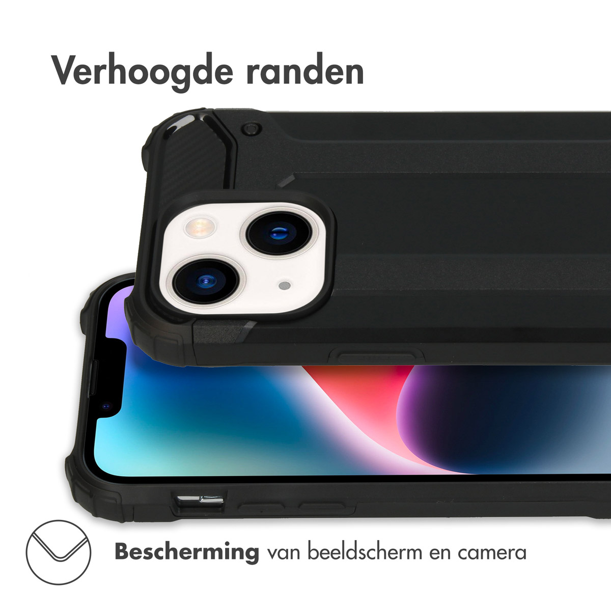 Black phone case with raised edges for screen and camera protection.