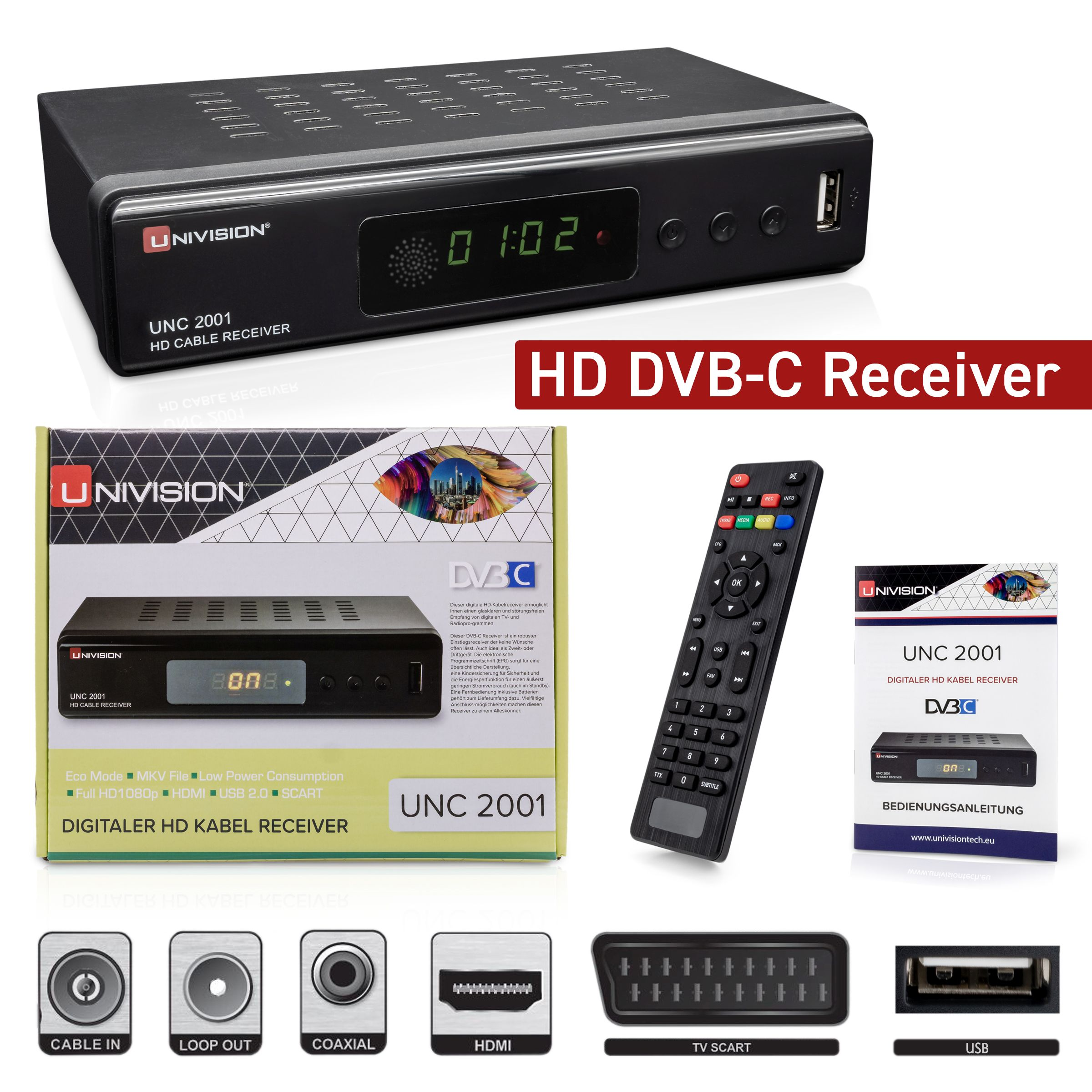 Schwarzer digitaler Kabelreceiver mit Fernbedienung, Kabeln und Handbuch. Text: UNC 2001.