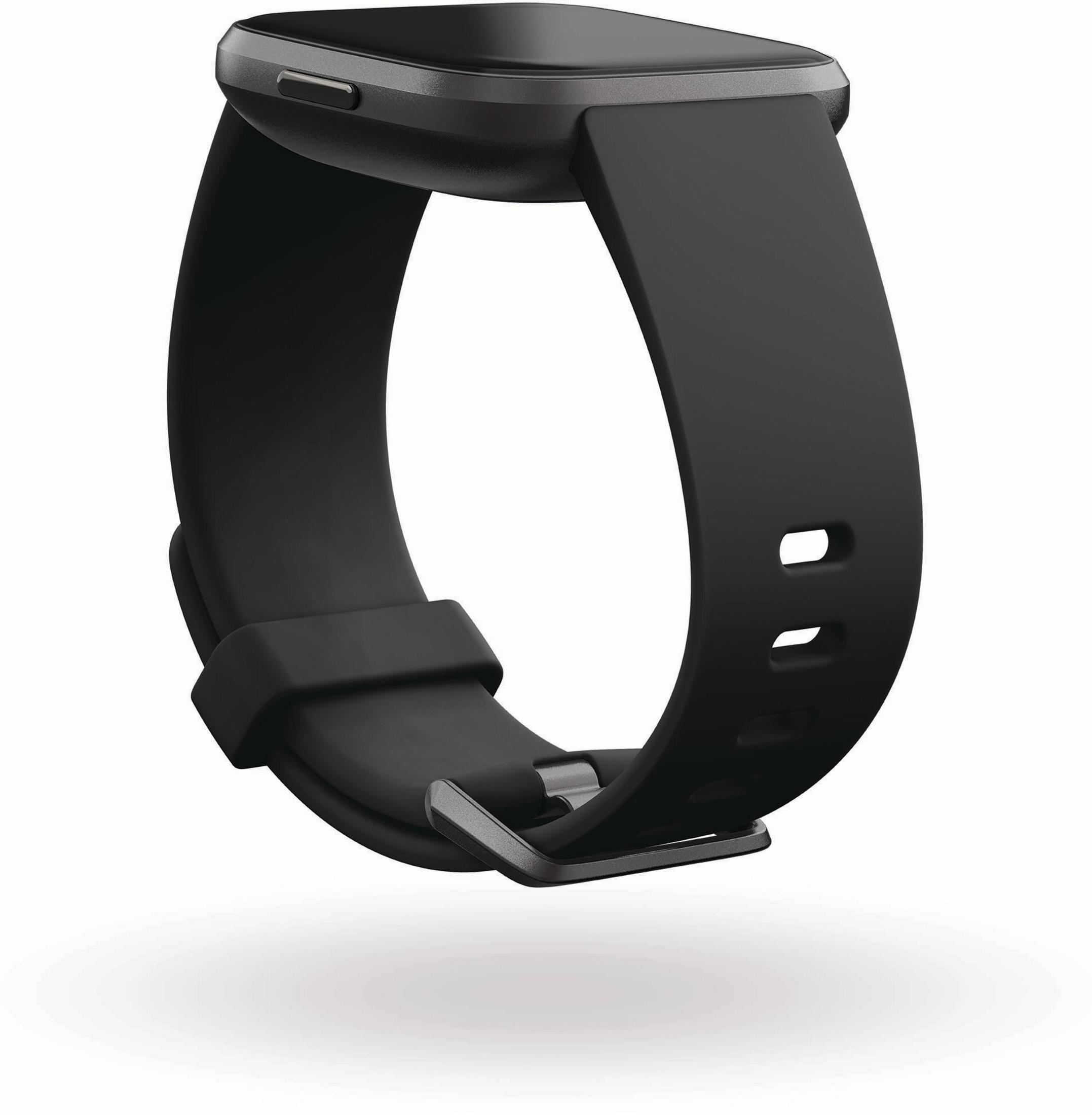 Smartwatch nera con cinturino nero. L'orologio è su sfondo bianco.