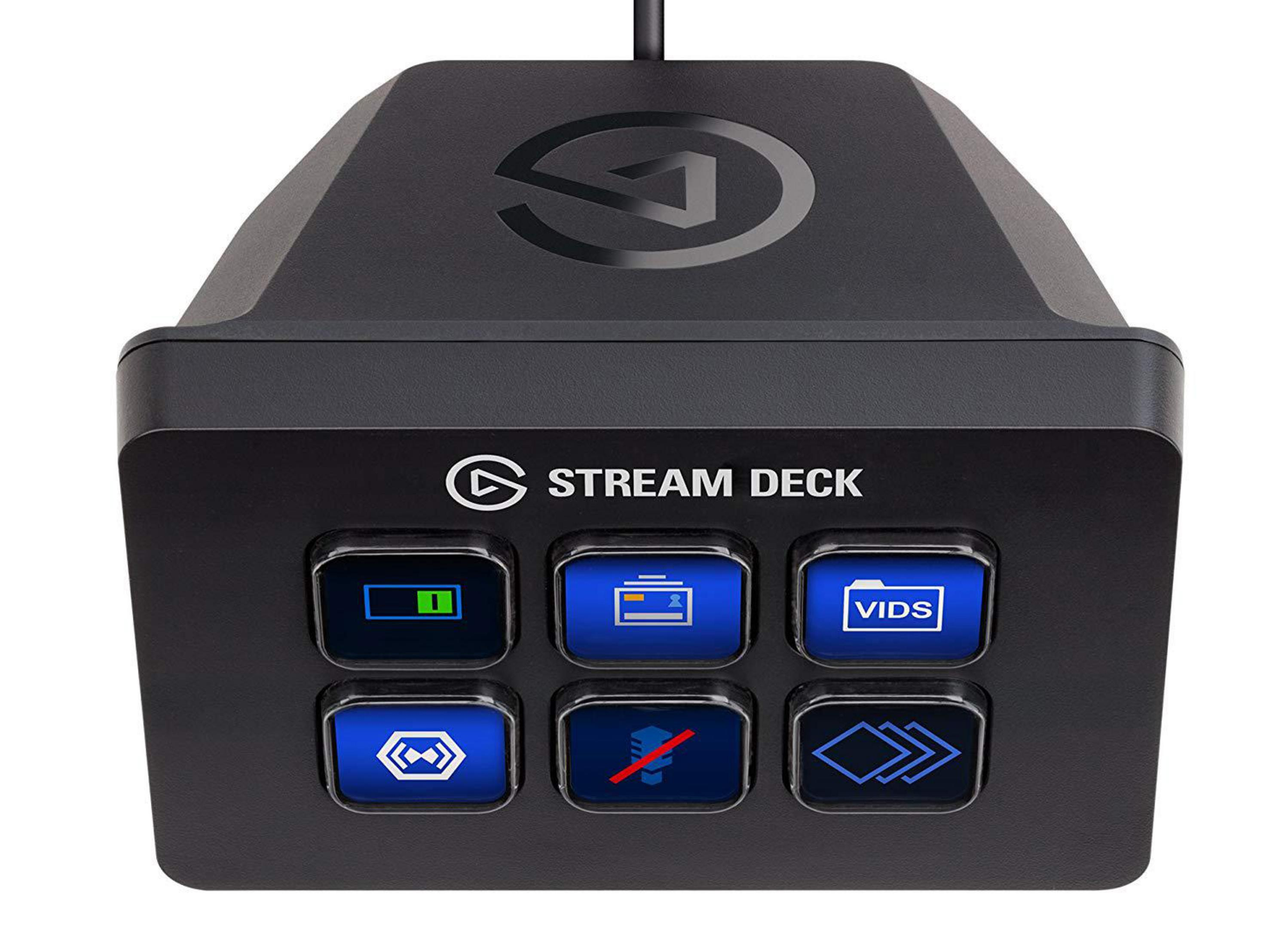 Schwarzes Stream Deck mit sechs blau beleuchteten Knöpfen. Die Knöpfe haben Symbole für Funktionen wie Batterie und Datei.