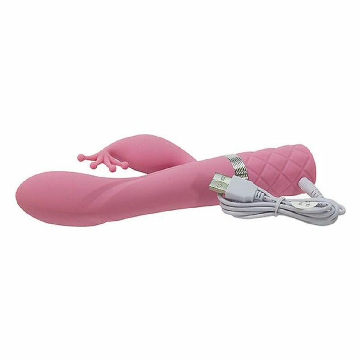 Rosa Sexspielzeug mit gebogener Form und USB-Ladekabel.