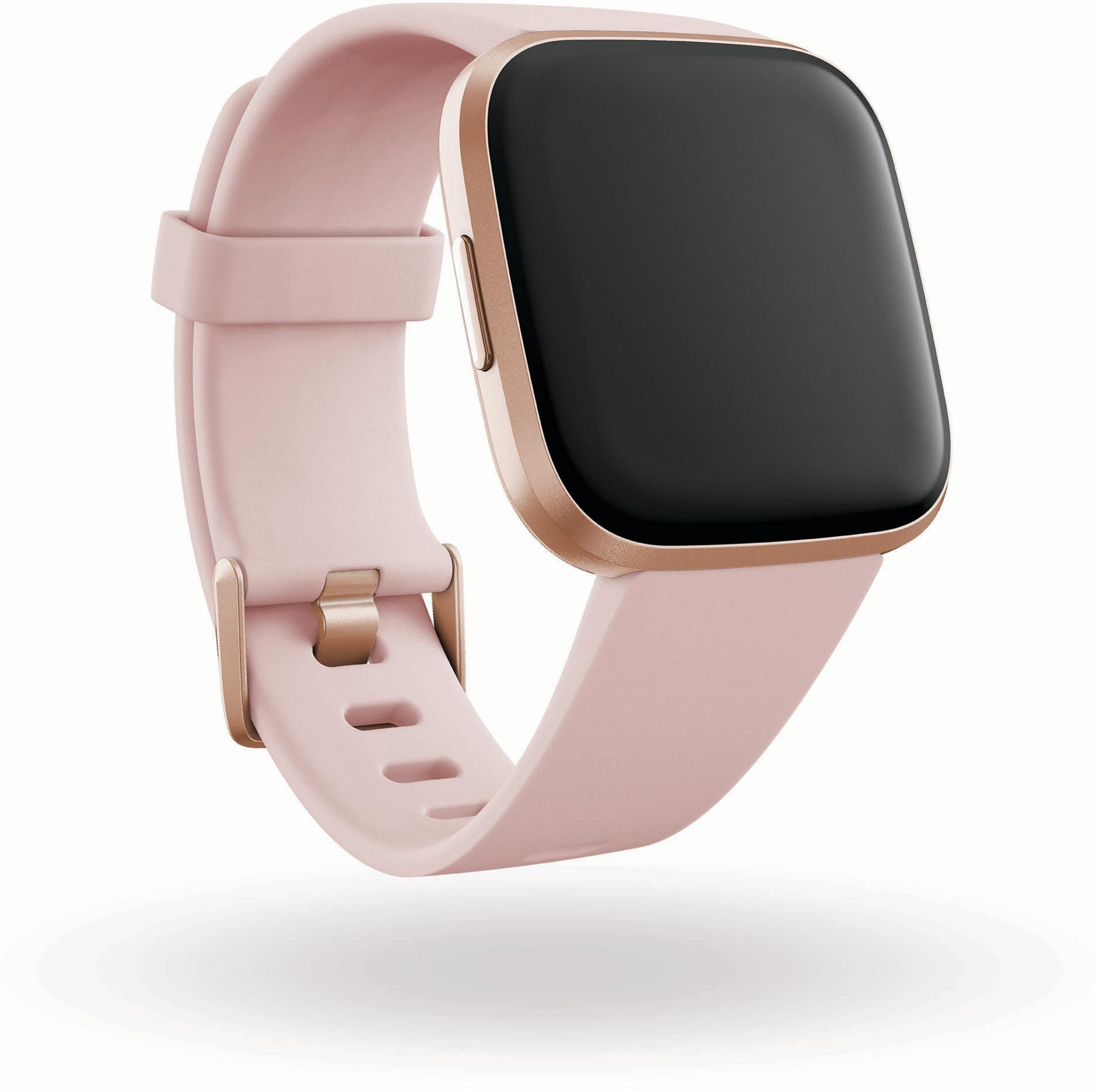 Reloj inteligente rosa con pantalla cuadrada y correa rosa. El reloj está sobre un fondo blanco.