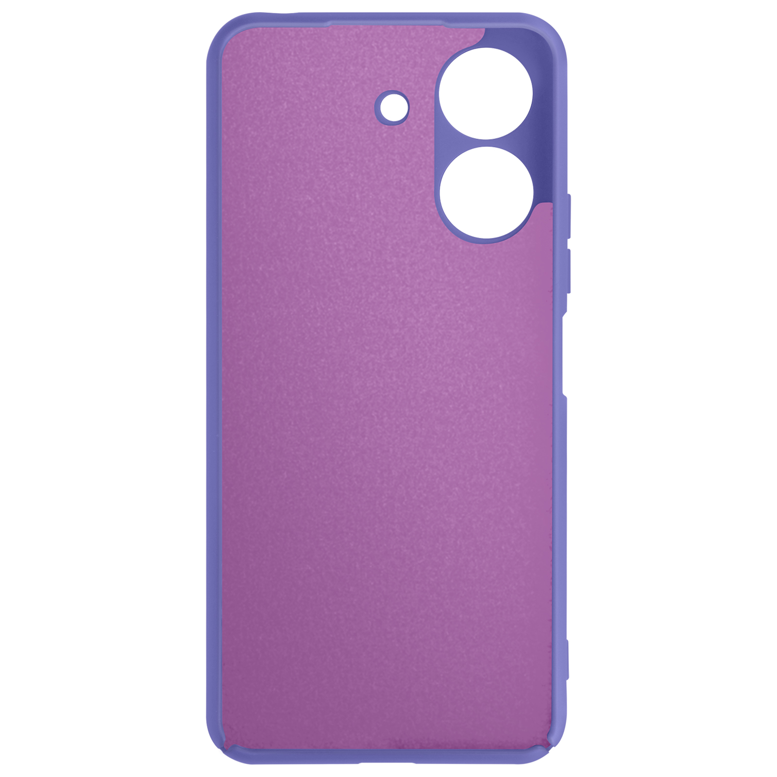 Una custodia per telefono viola con due ritagli per fotocamera e una cornice viola chiaro.