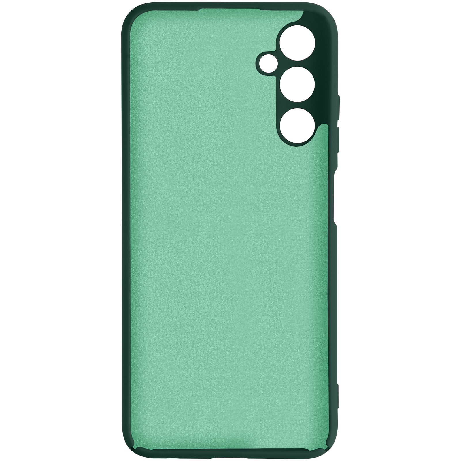 Custodia per telefono verde con tre fori per la fotocamera e bordo nero. Parte posteriore.
