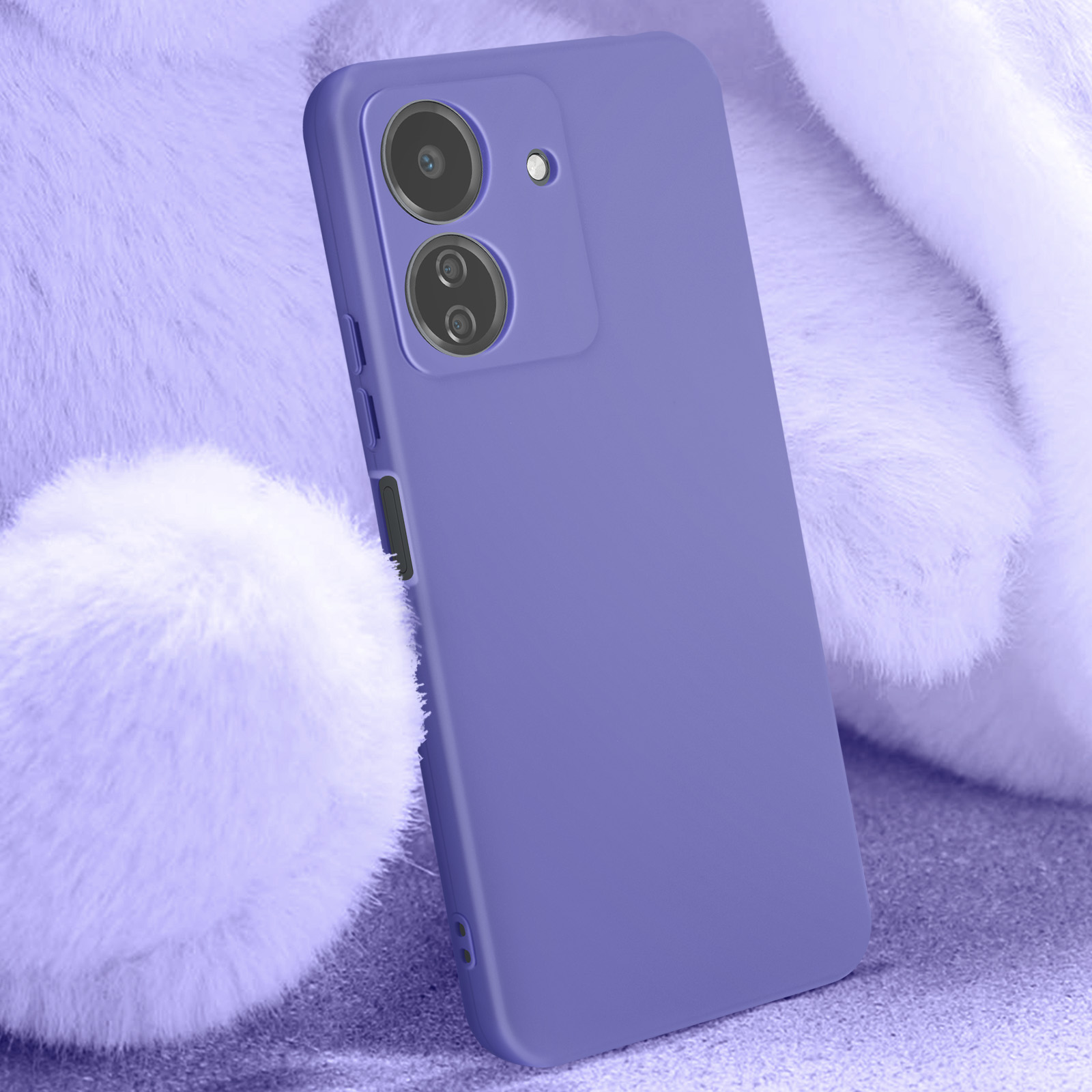 Custodia per telefono viola su uno sfondo morbido e soffice.