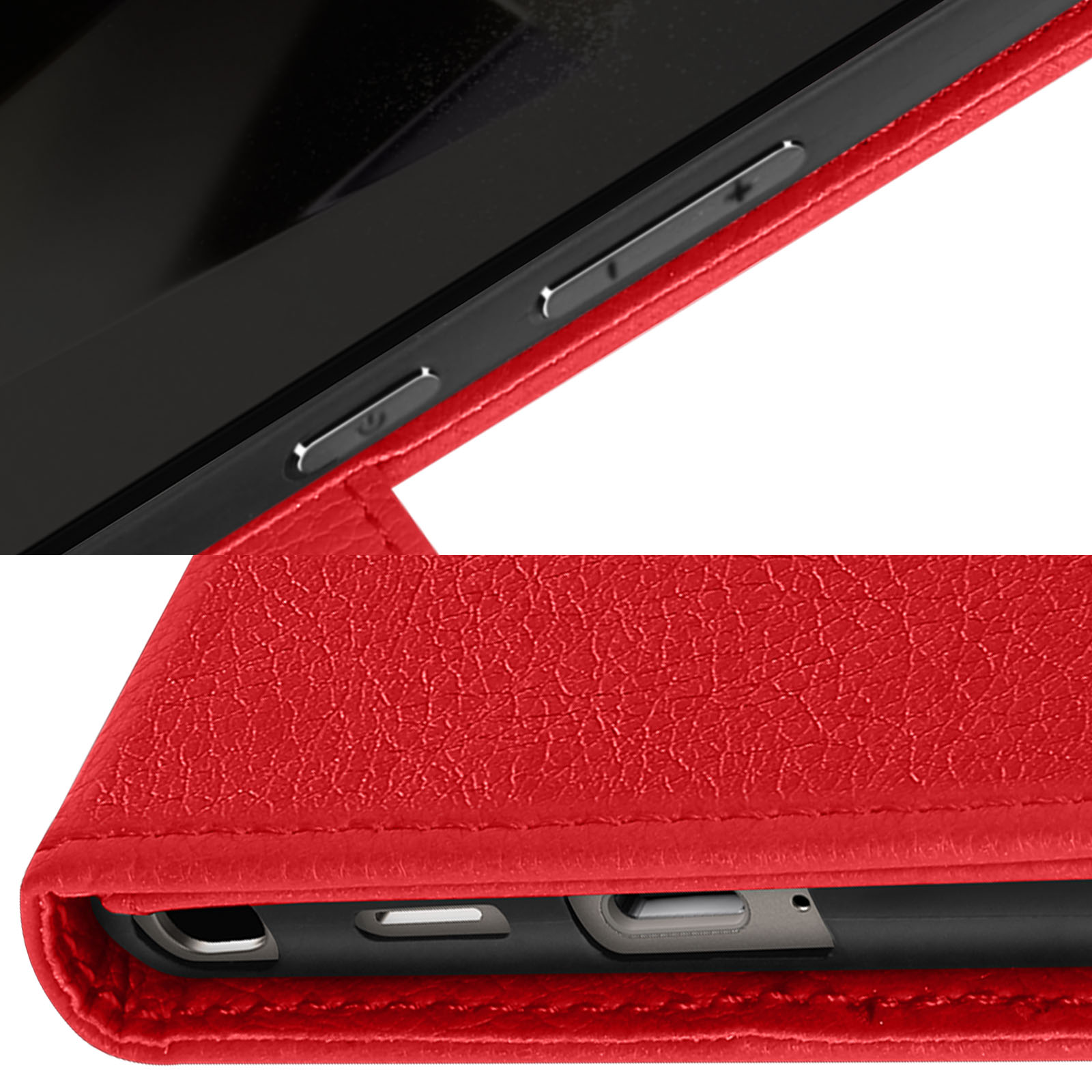 Primo piano di un telefono con pulsanti e il bordo di una custodia in pelle rossa.