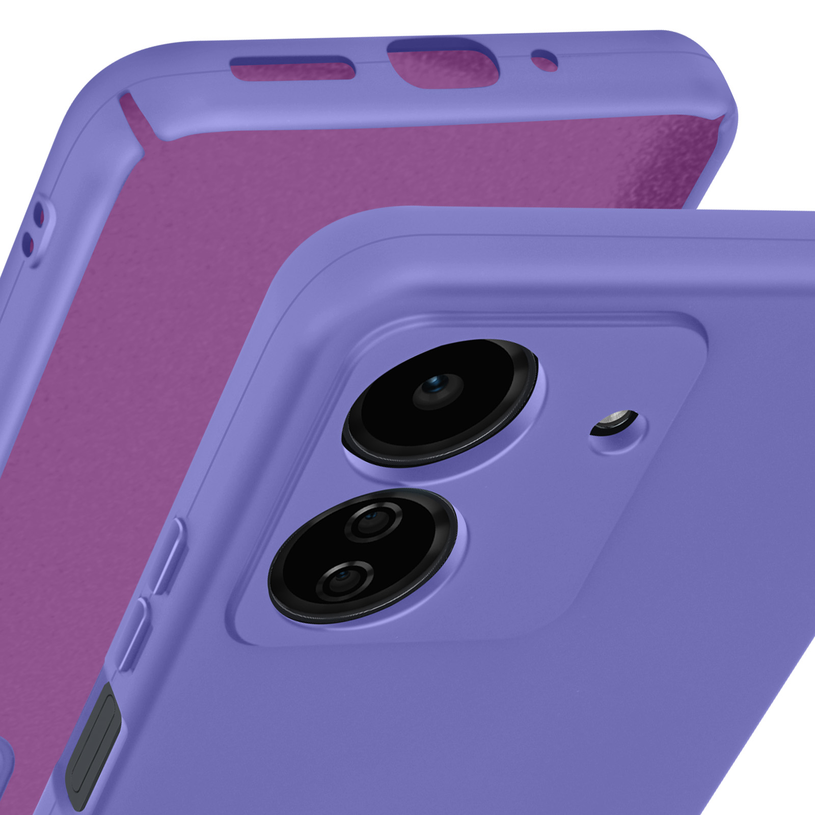 Custodia per telefono viola con doppia fotocamera e pulsanti, primo piano, interno viola chiaro.