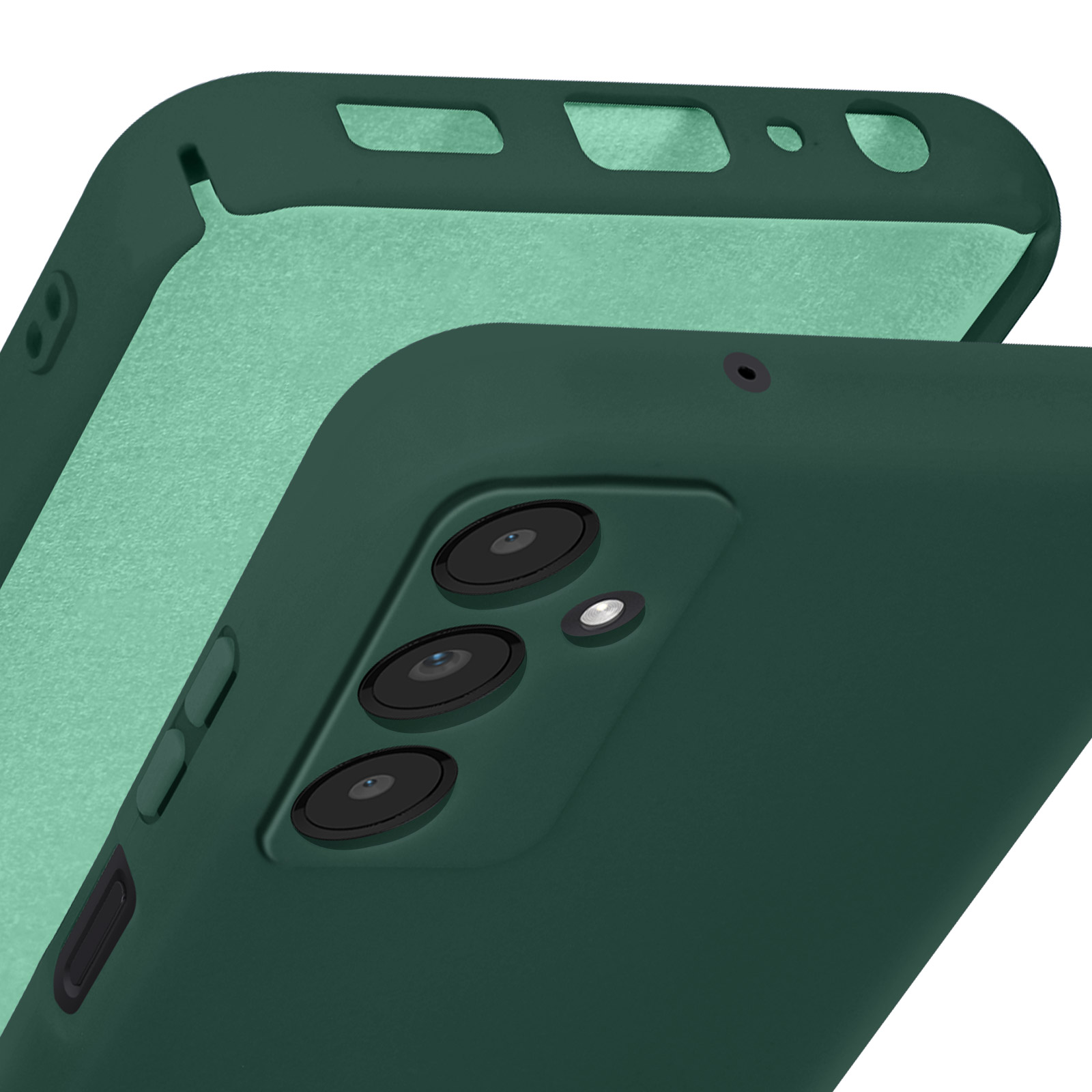 Primo piano di una custodia verde per telefono, che mostra il modulo fotocamera e i dettagli interni.