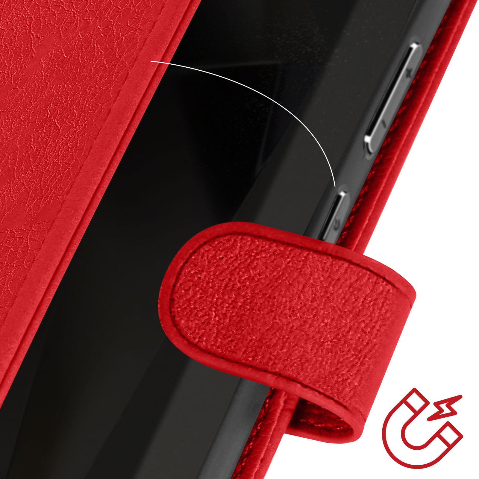 Primo piano di una custodia rossa con chiusura magnetica. Il telefono è nero.