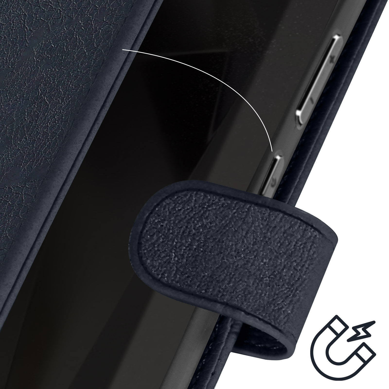 Primo piano di una custodia per telefono blu scuro con dettaglio di chiusura magnetica su sfondo scuro.