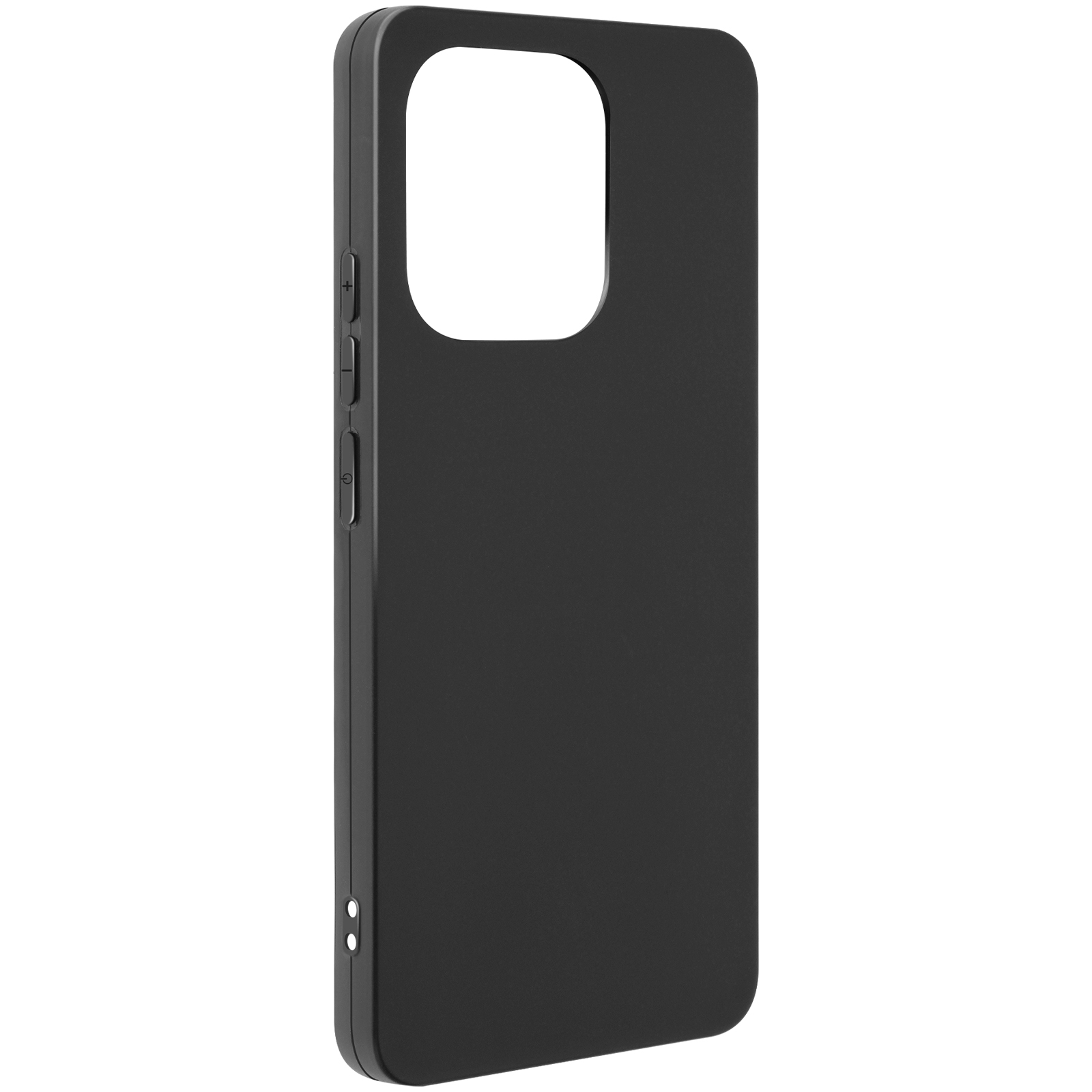 Una custodia nera per telefono con fori per i pulsanti e apertura per la fotocamera, su sfondo bianco.