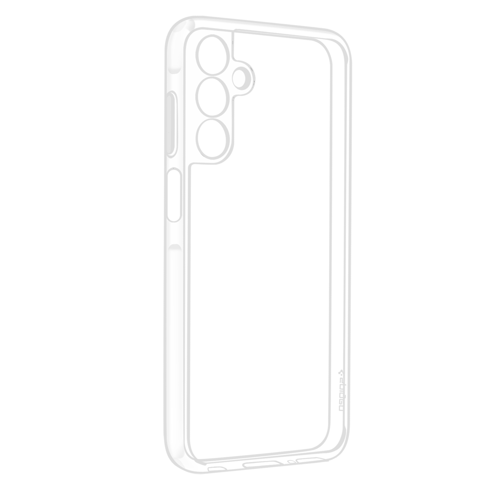 Custodia trasparente per telefono, vista posteriore. Tre fori per fotocamera visibili.