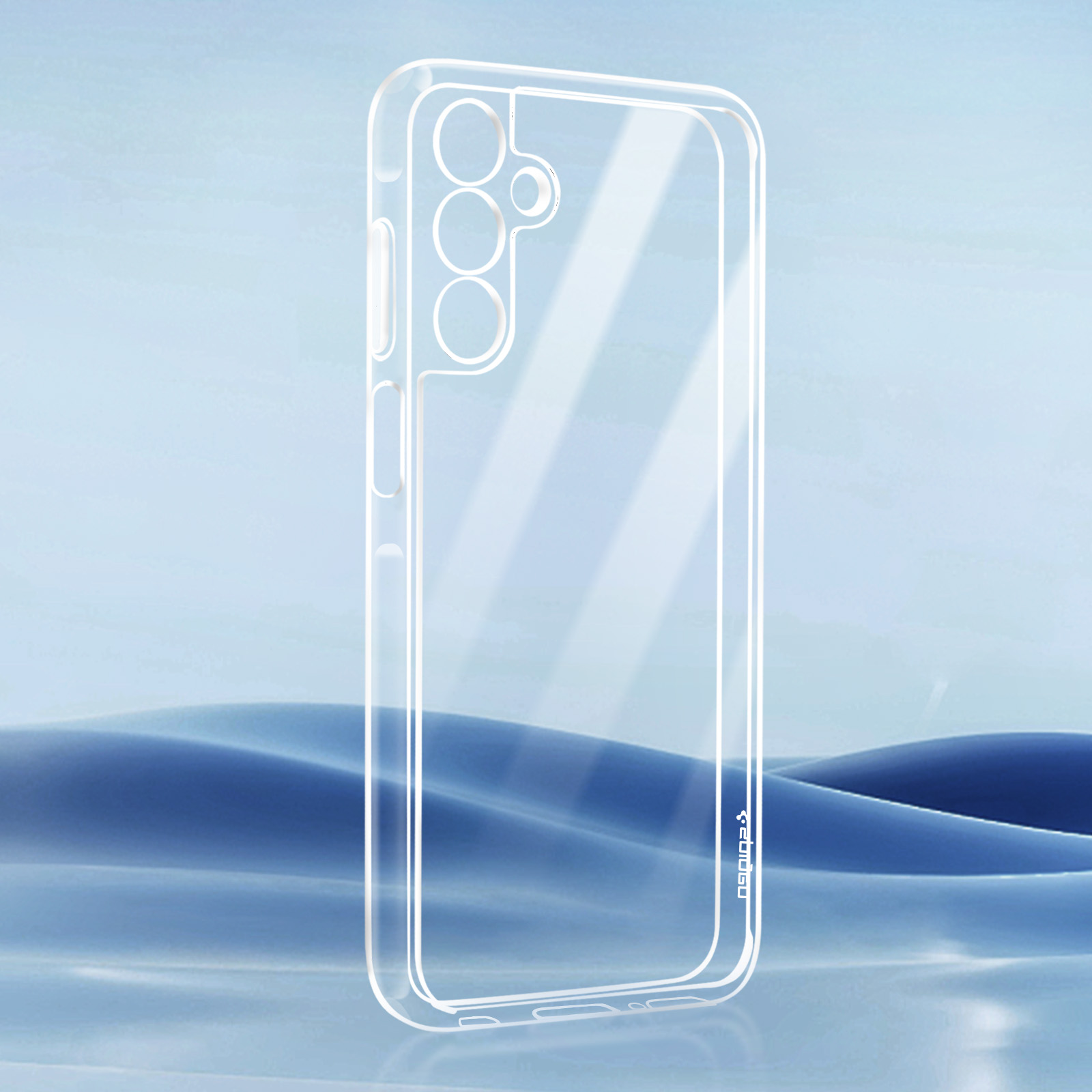 Custodia trasparente per telefono. Trasparente. Sfondo blu e bianco.