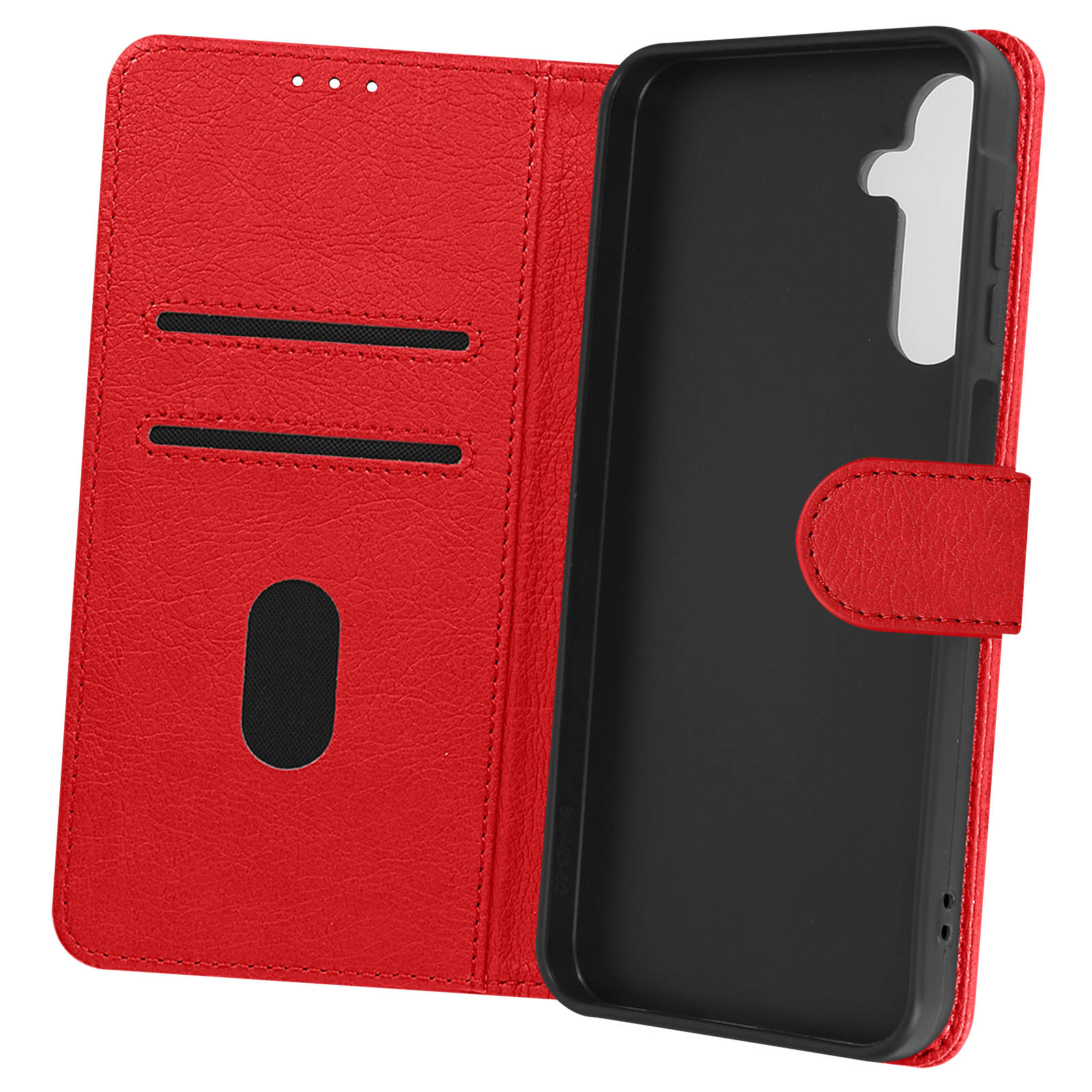 Custodia per telefono in pelle rossa, aperta che mostra fessure per carte e interno nero, con un telefono all'interno.