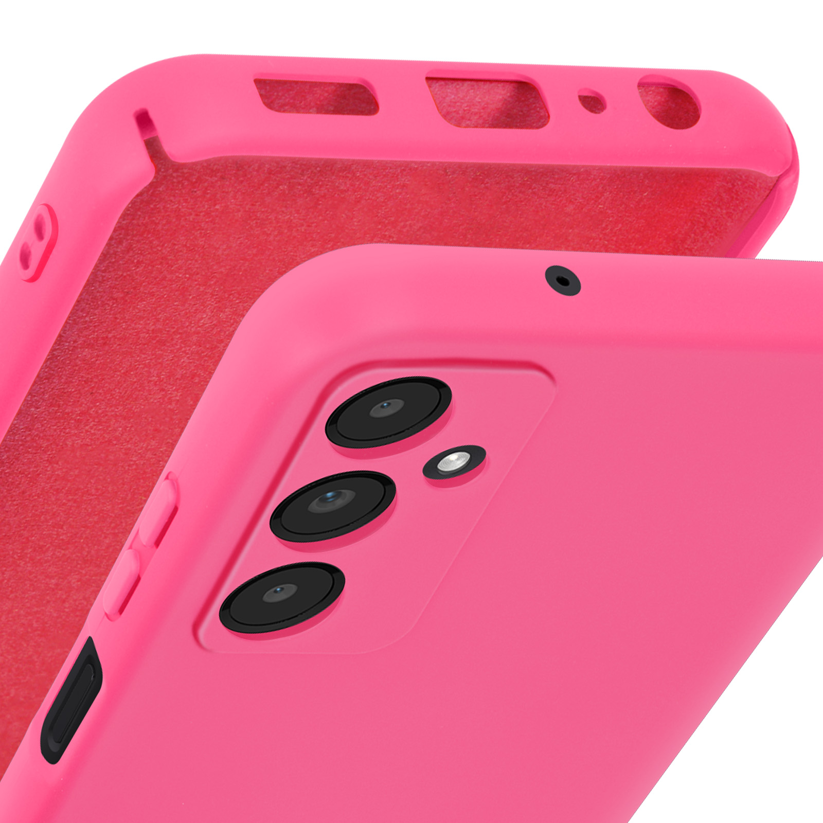 Primo piano di una custodia rosa con lenti della fotocamera e altre funzioni.