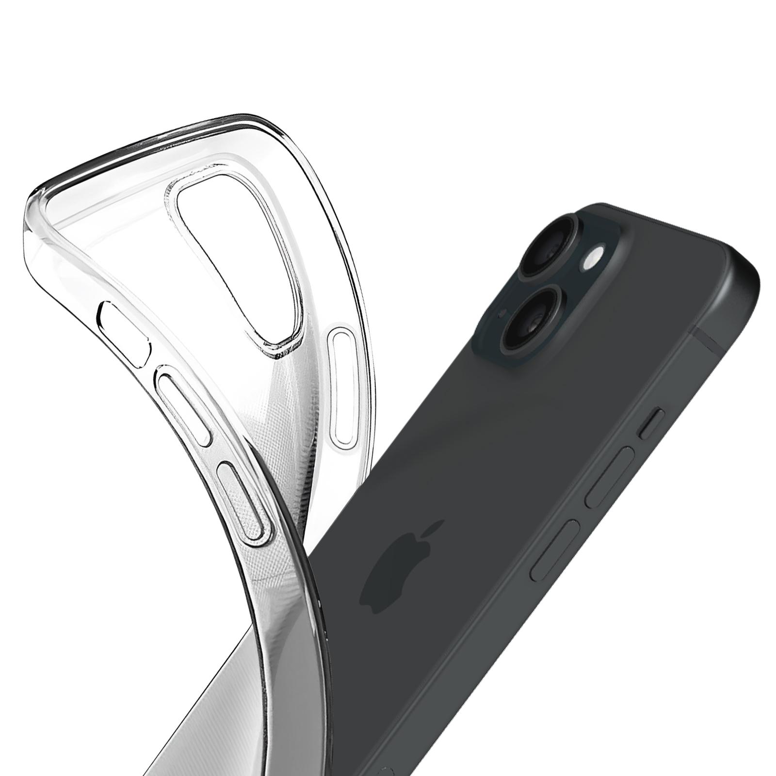Uno smartphone con una custodia trasparente. Il telefono è nero, con una fotocamera a tripla lente. La custodia è trasparente.
