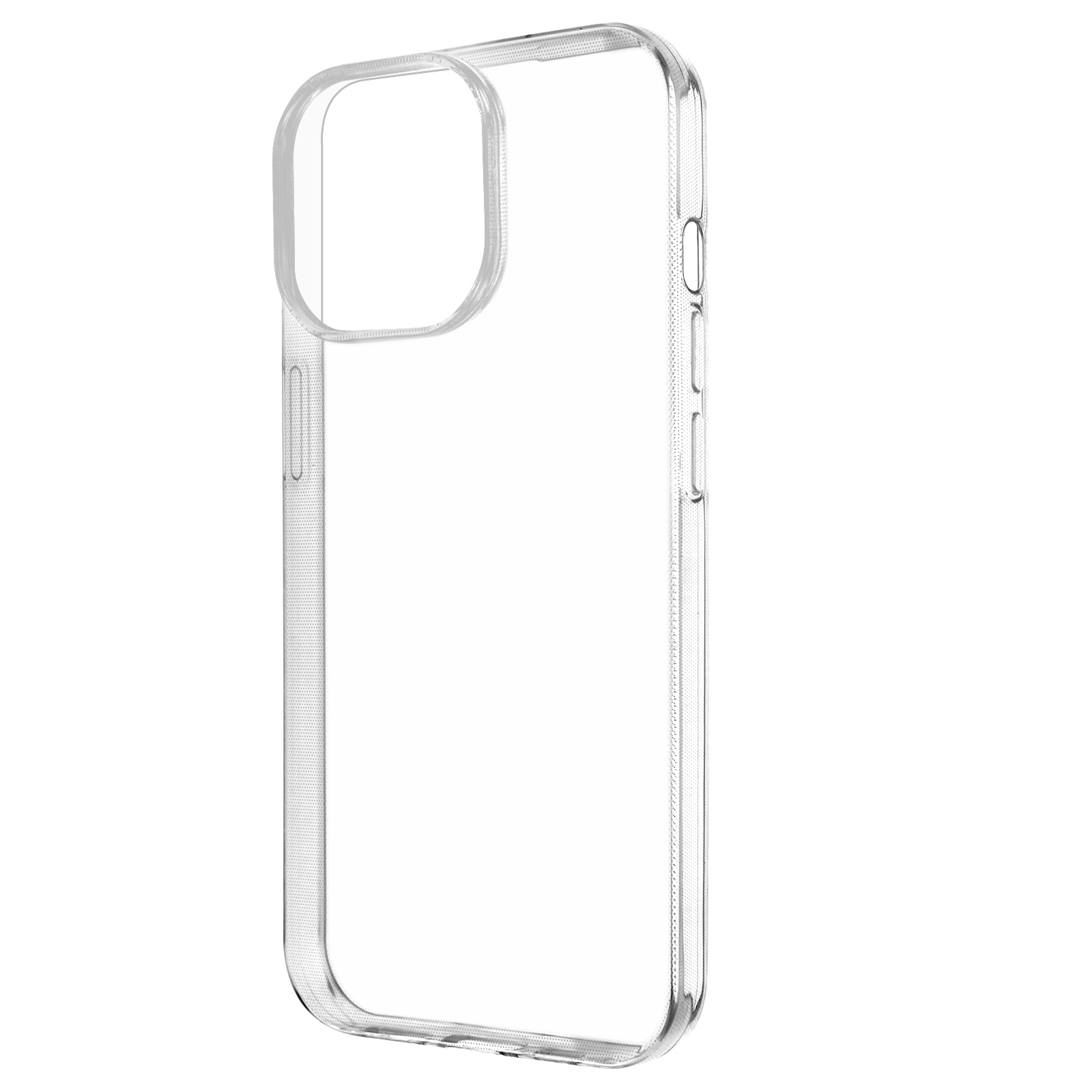 Una custodia trasparente per telefono, che mostra i pulsanti laterali e l'intaglio della fotocamera, su sfondo bianco.