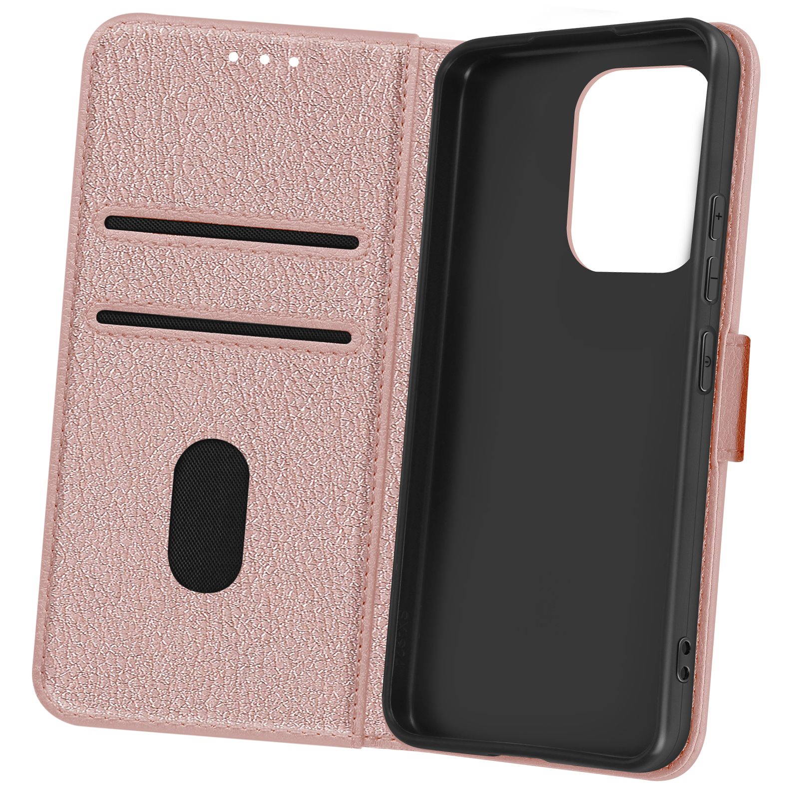 Custodia per telefono rosa con design a portafoglio, aperta, che mostra fessure per carte e supporto.