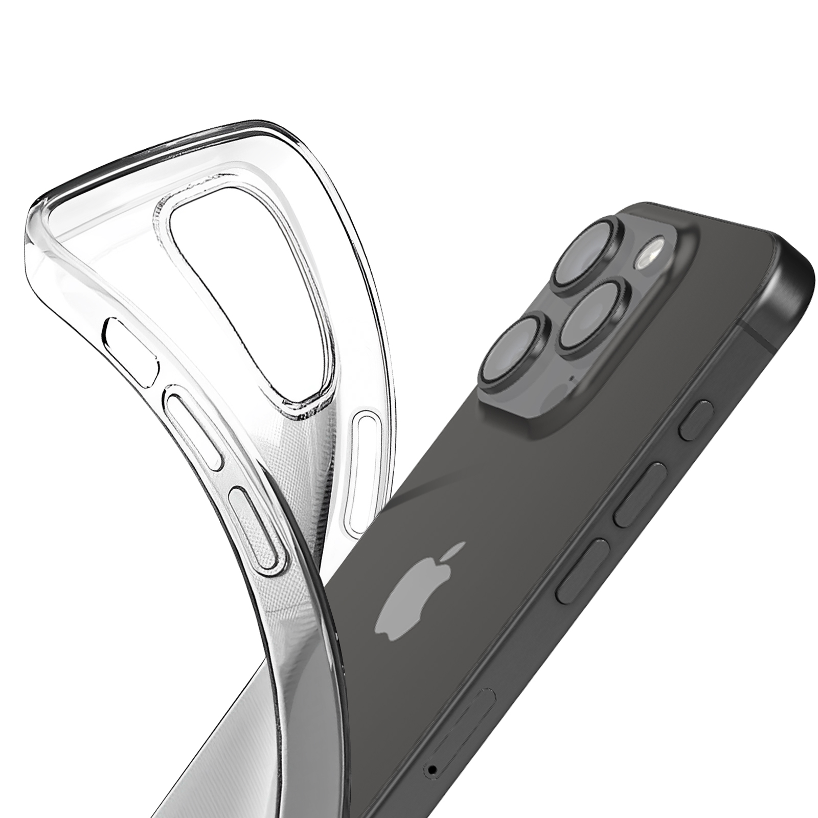 Custodia trasparente alzata, che mostra il retro di un iPhone nero.