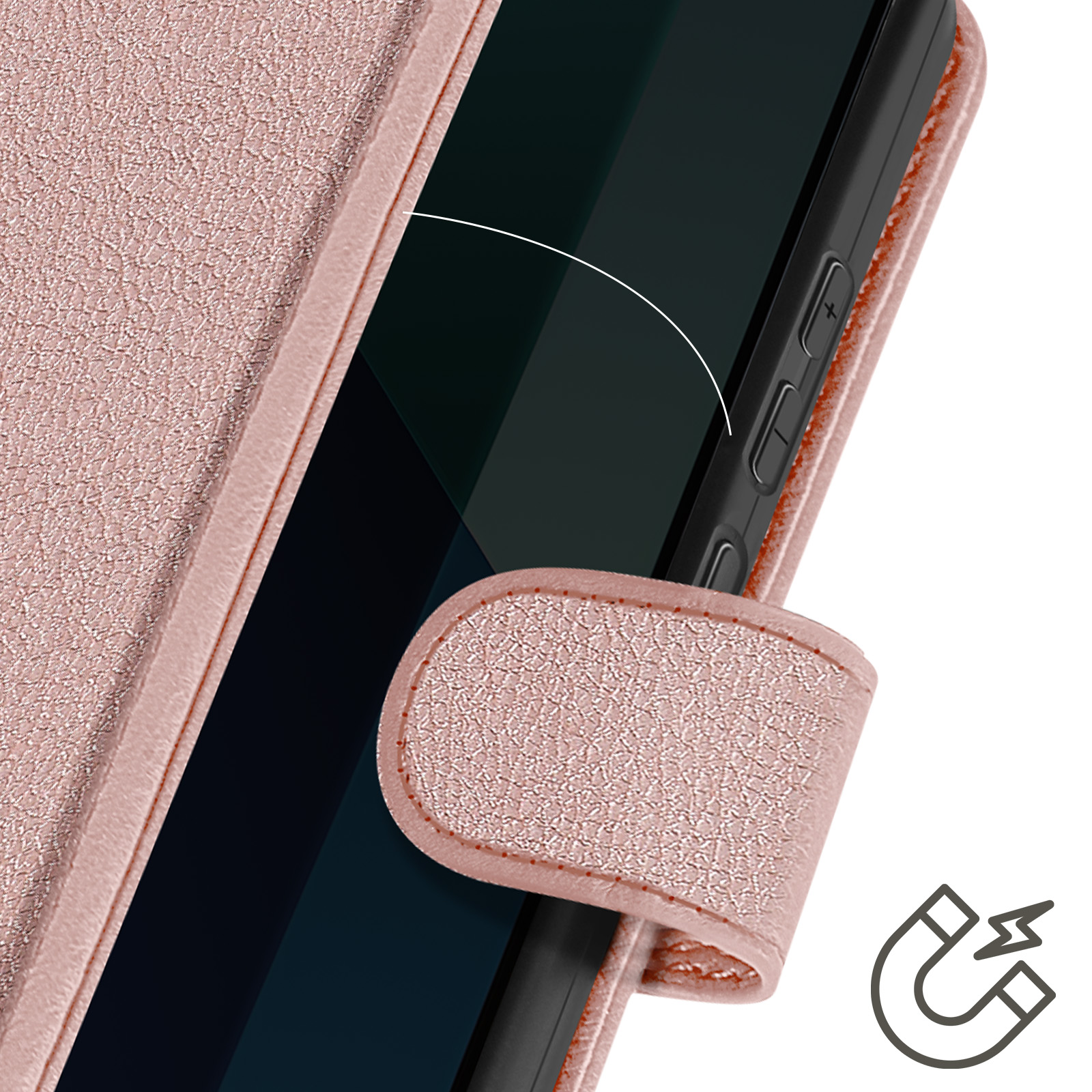 Primo piano di una custodia rosa per telefono con chiusura magnetica e superficie strutturata.