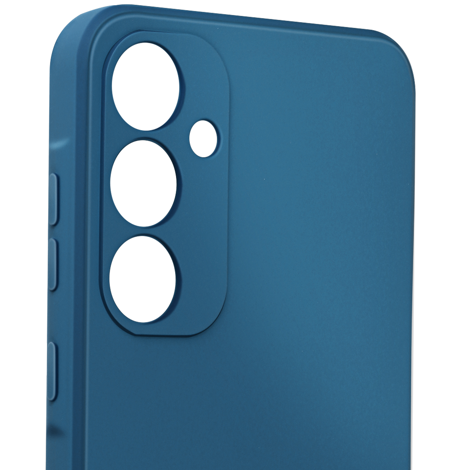 Custodia per telefono blu, vista posteriore, tre fori per fotocamera, sfondo bianco.