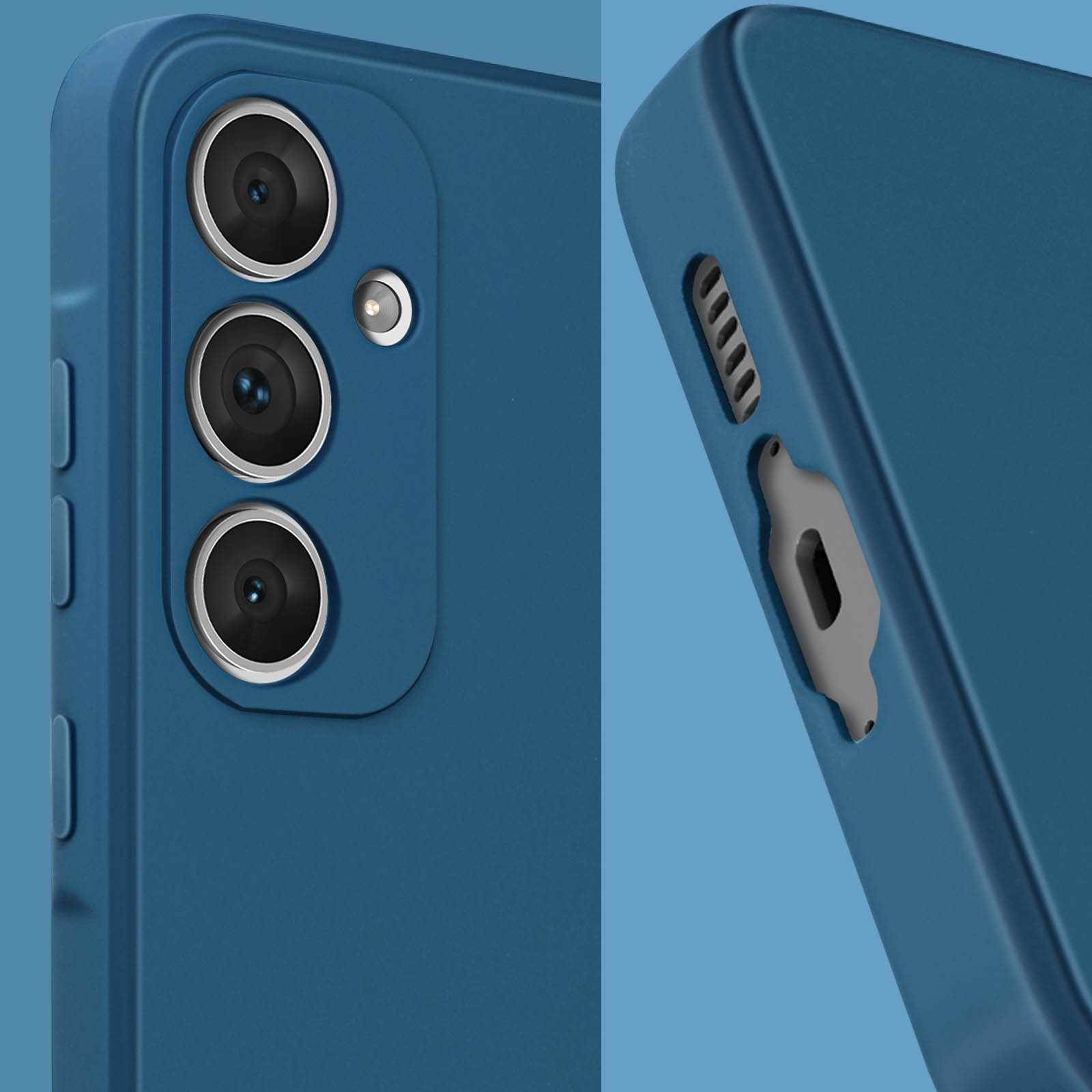 Primo piano di una custodia blu per telefono, che mostra la fotocamera e i pulsanti laterali.