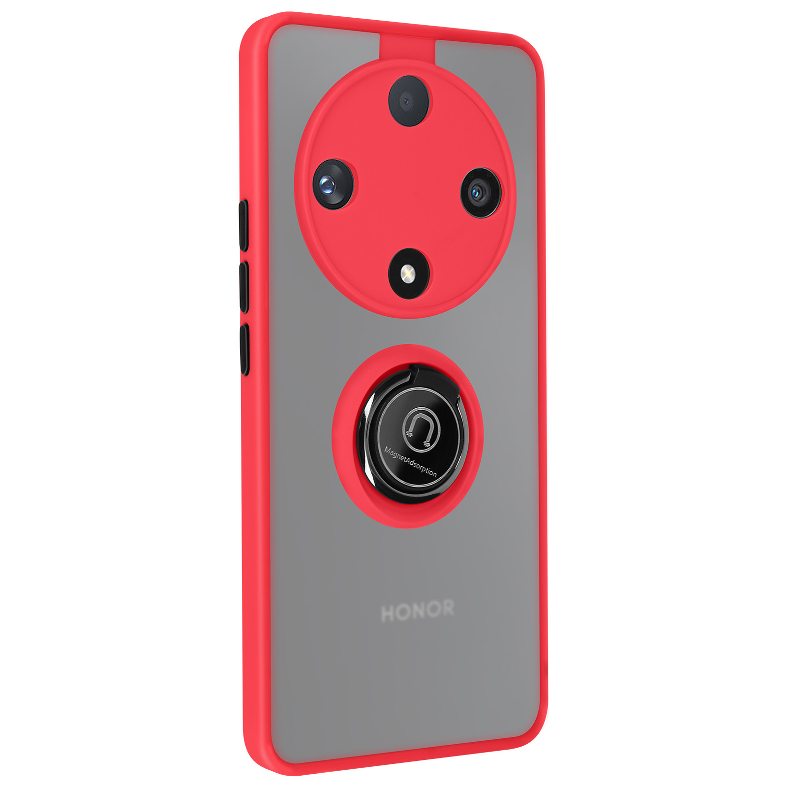 Custodia per telefono rossa e grigia con più fotocamere e un supporto ad anello, sfondo bianco.
