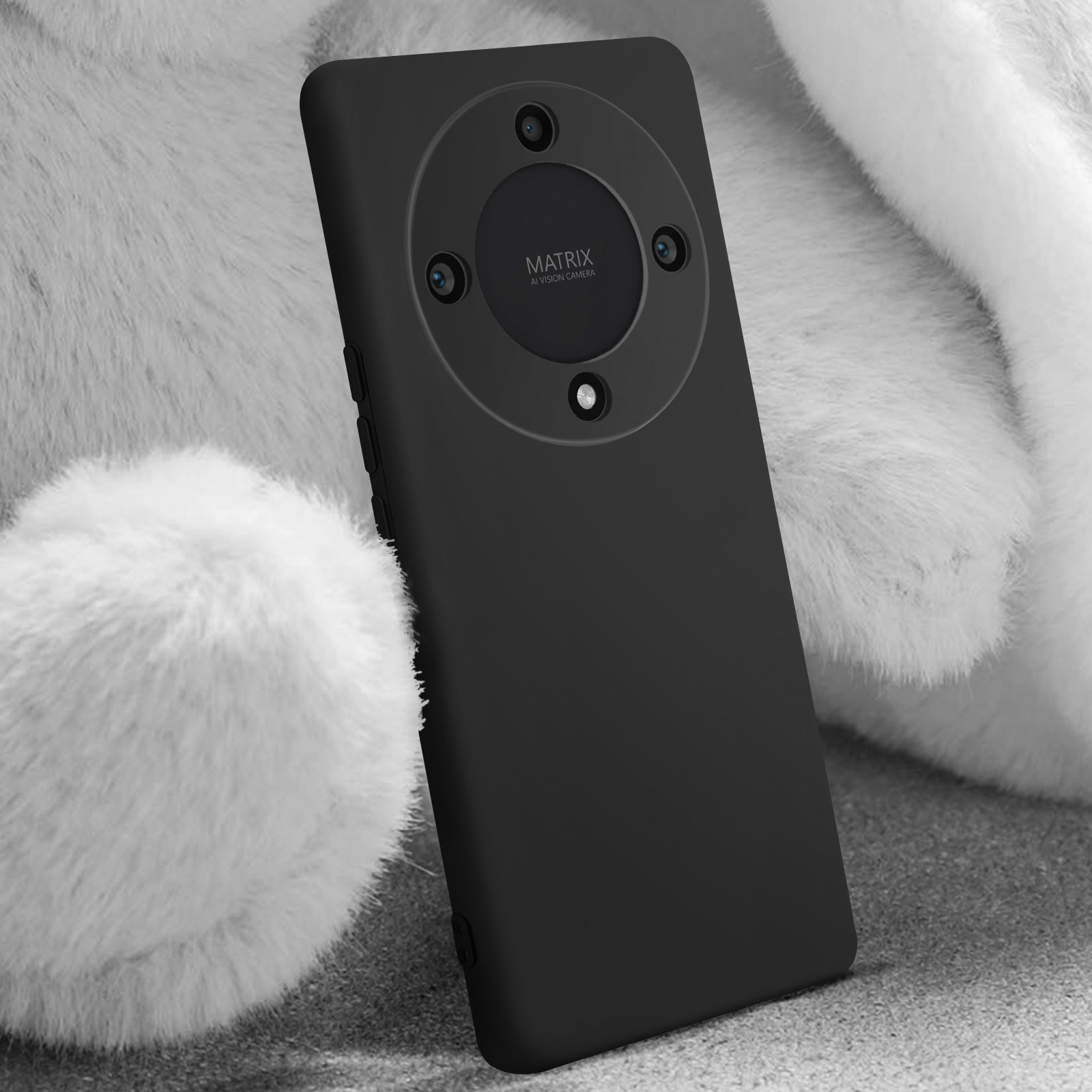 Schwarzes Telefon mit Dreifachkamera. Es hat den Text 'MATRIX AI VISION CAMERA'.