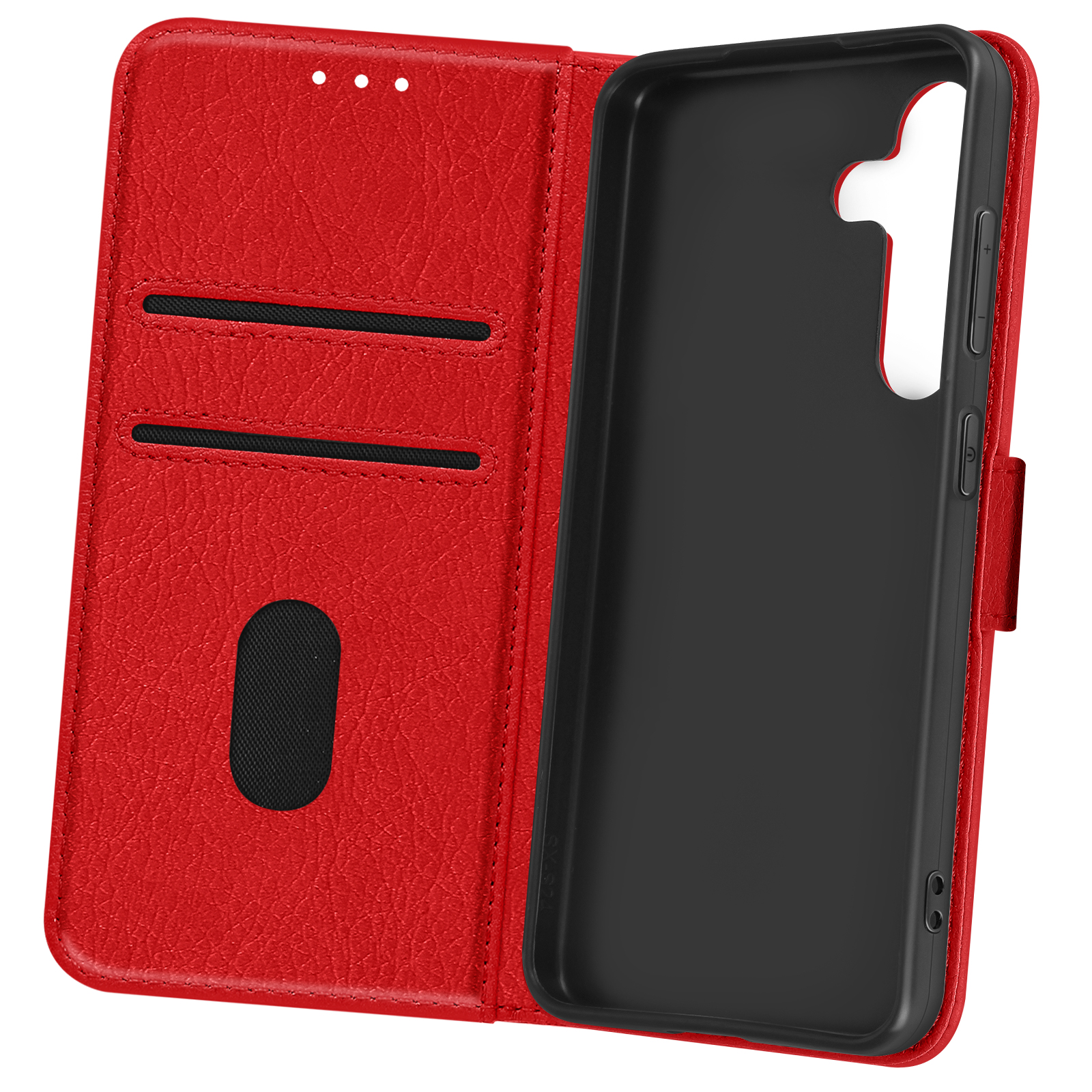 Custodia per telefono in pelle rossa, aperta per rivelare l'interno nero e gli scomparti per carte.