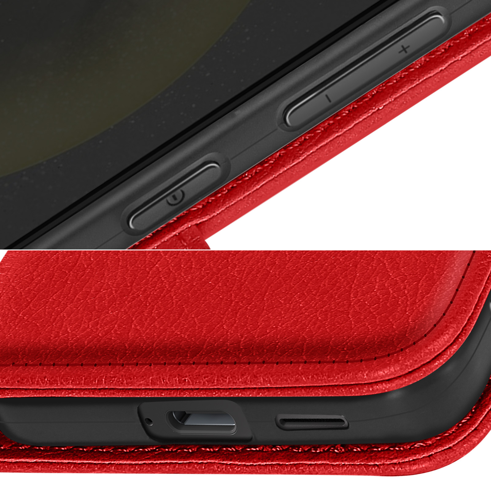 Primo piano di una custodia per telefono in pelle rossa con tasti del volume e porta di ricarica.