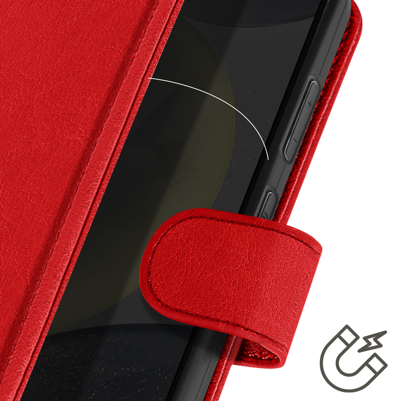 Primo piano di una custodia rossa per telefono con chiusura magnetica e un telefono all'interno.