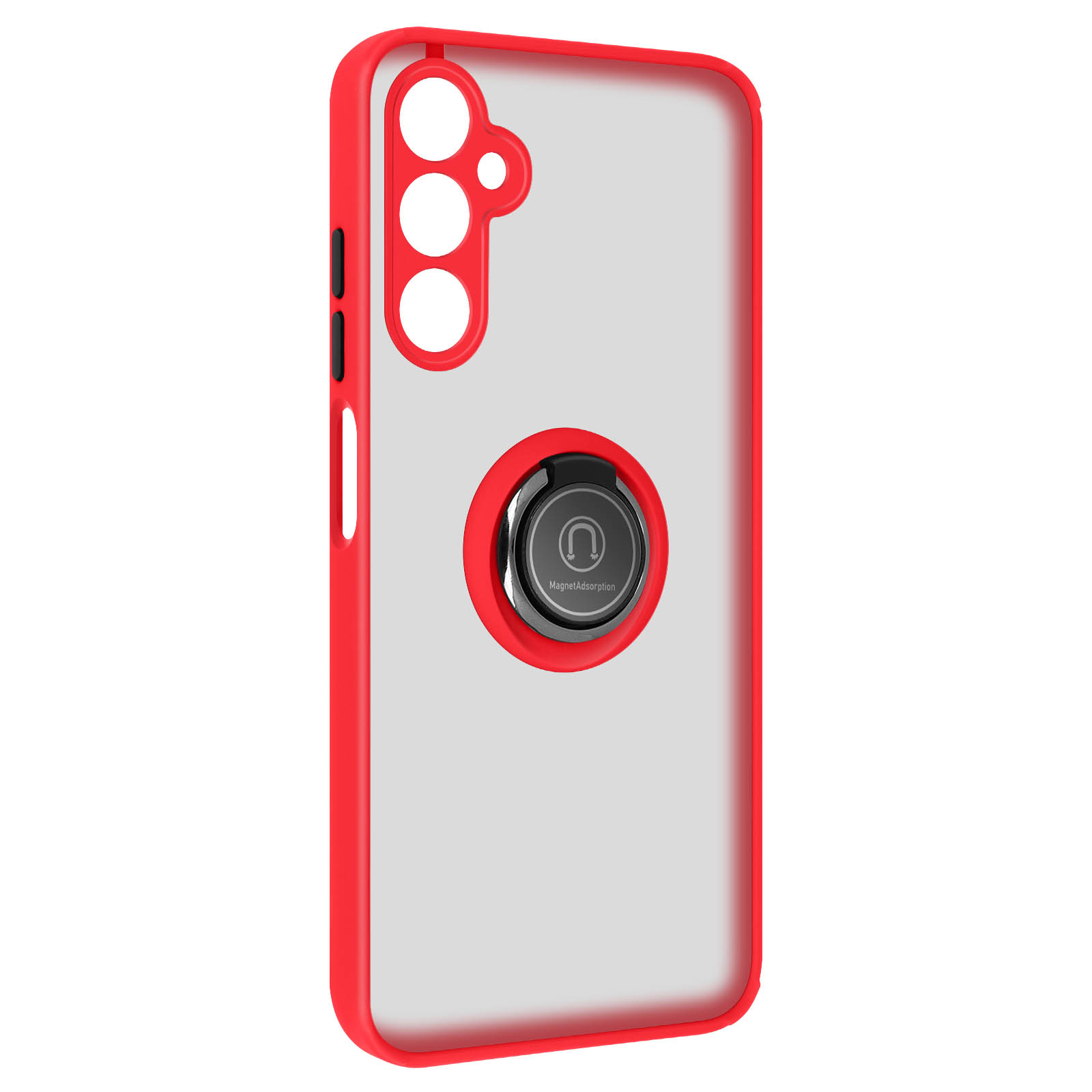 Una custodia per telefono rossa e trasparente con un supporto ad anello. Il supporto ad anello ha MagnetAdsorption.
