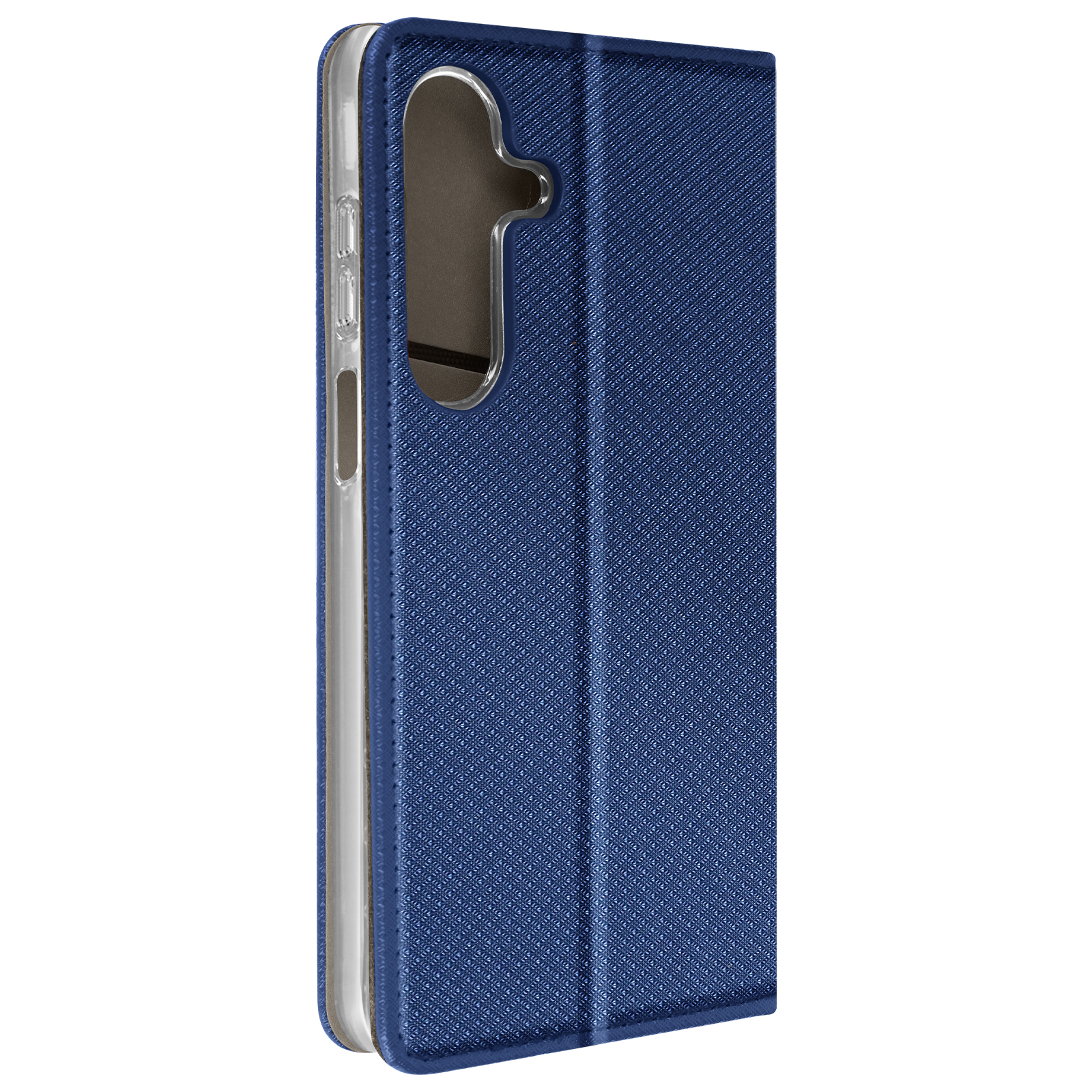 Custodia blu per telefono chiusa. Ha un design strutturato e un supporto trasparente per telefono.
