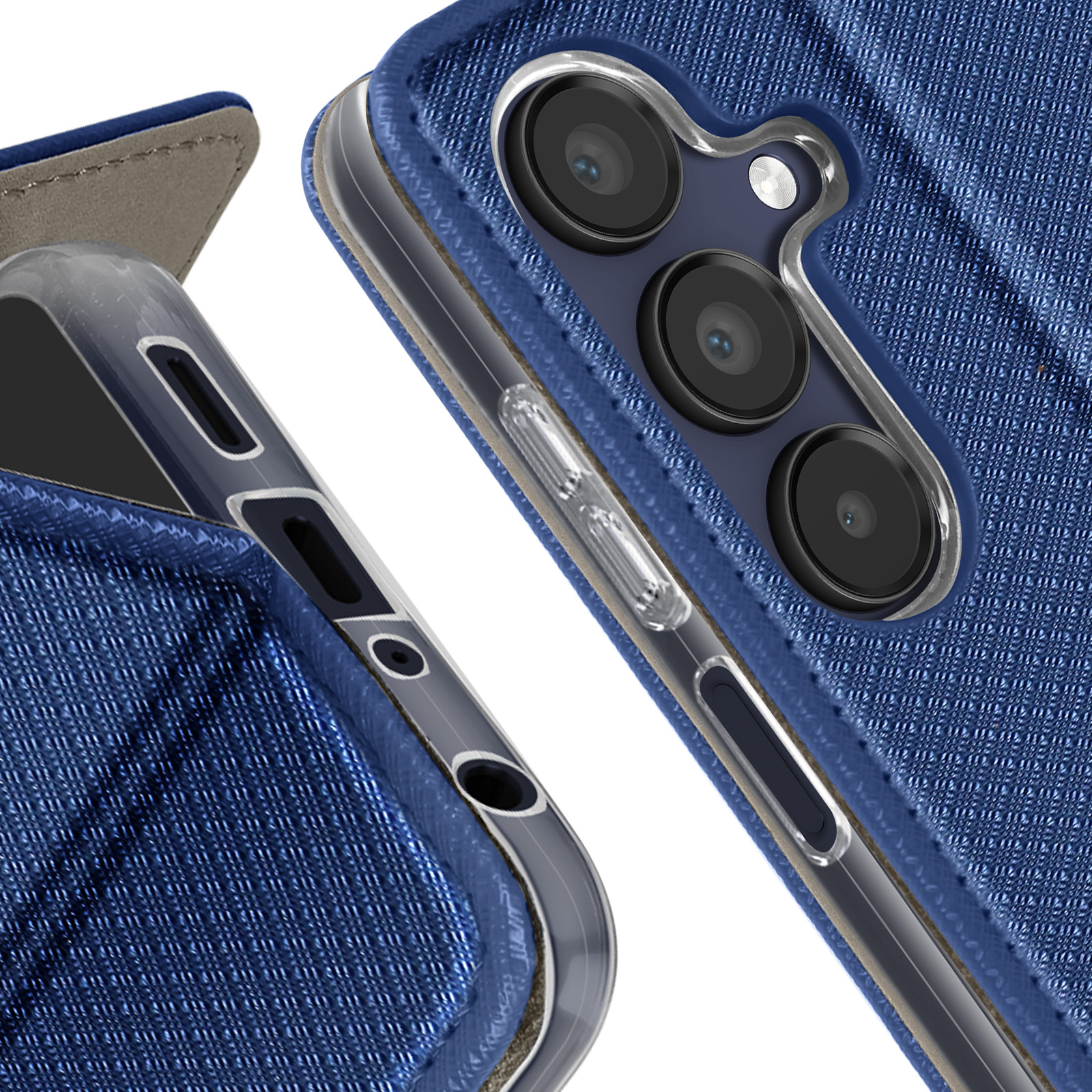 Primo piano di una custodia blu per telefono con fotocamere e pulsanti. Bordi in plastica trasparente.