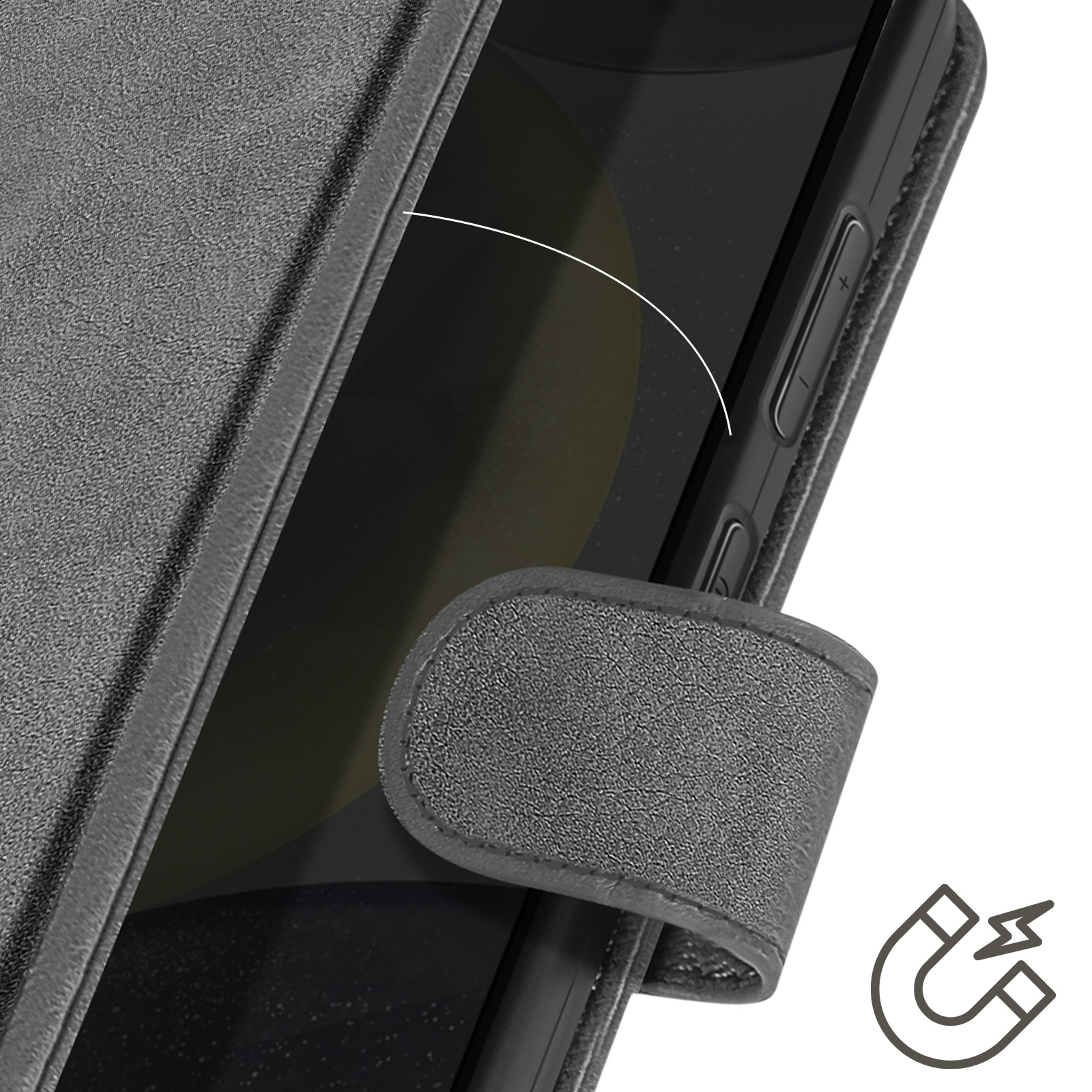 Primo piano di una custodia per telefono con chiusura magnetica. Lo schermo del telefono è visibile.