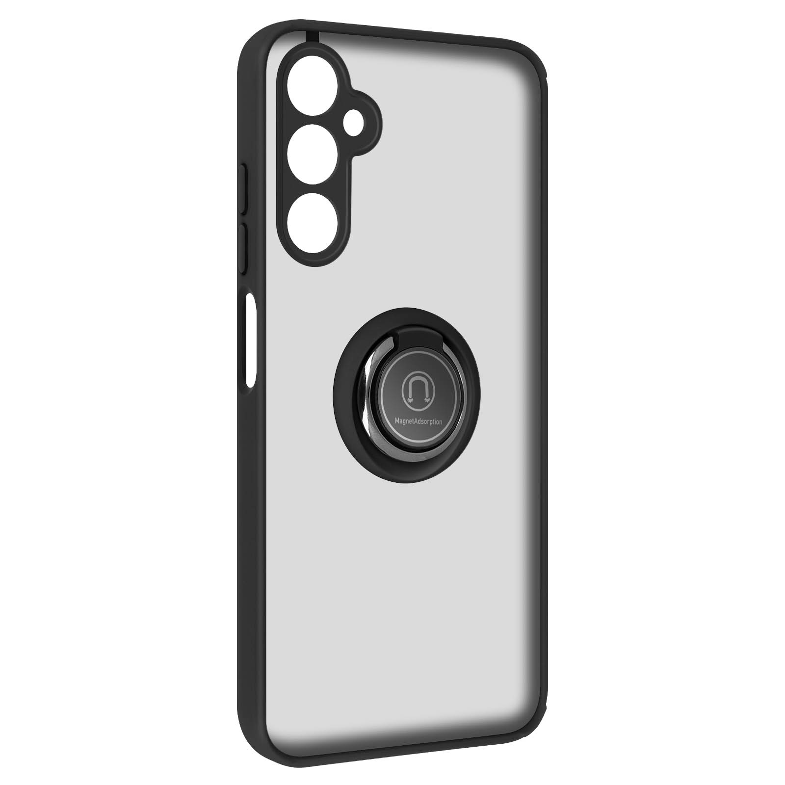 Una custodia per telefono, nera e trasparente, con un supporto ad anello sul retro. La parte posteriore del telefono è visibile.