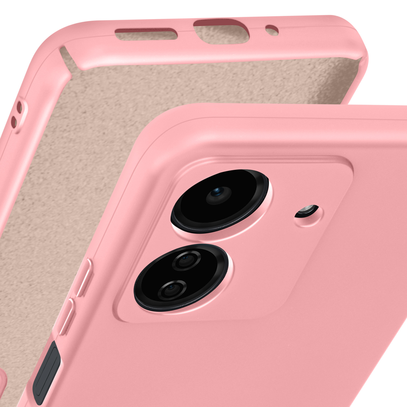 Custodia rosa per telefono, aperta. Mostra i ritagli della fotocamera e la fodera interna.