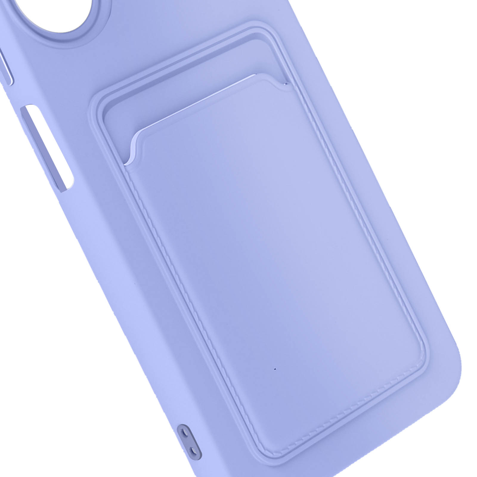 Un primo piano di una custodia per telefono lavanda con uno slot per schede. Lo slot per schede è visibile.