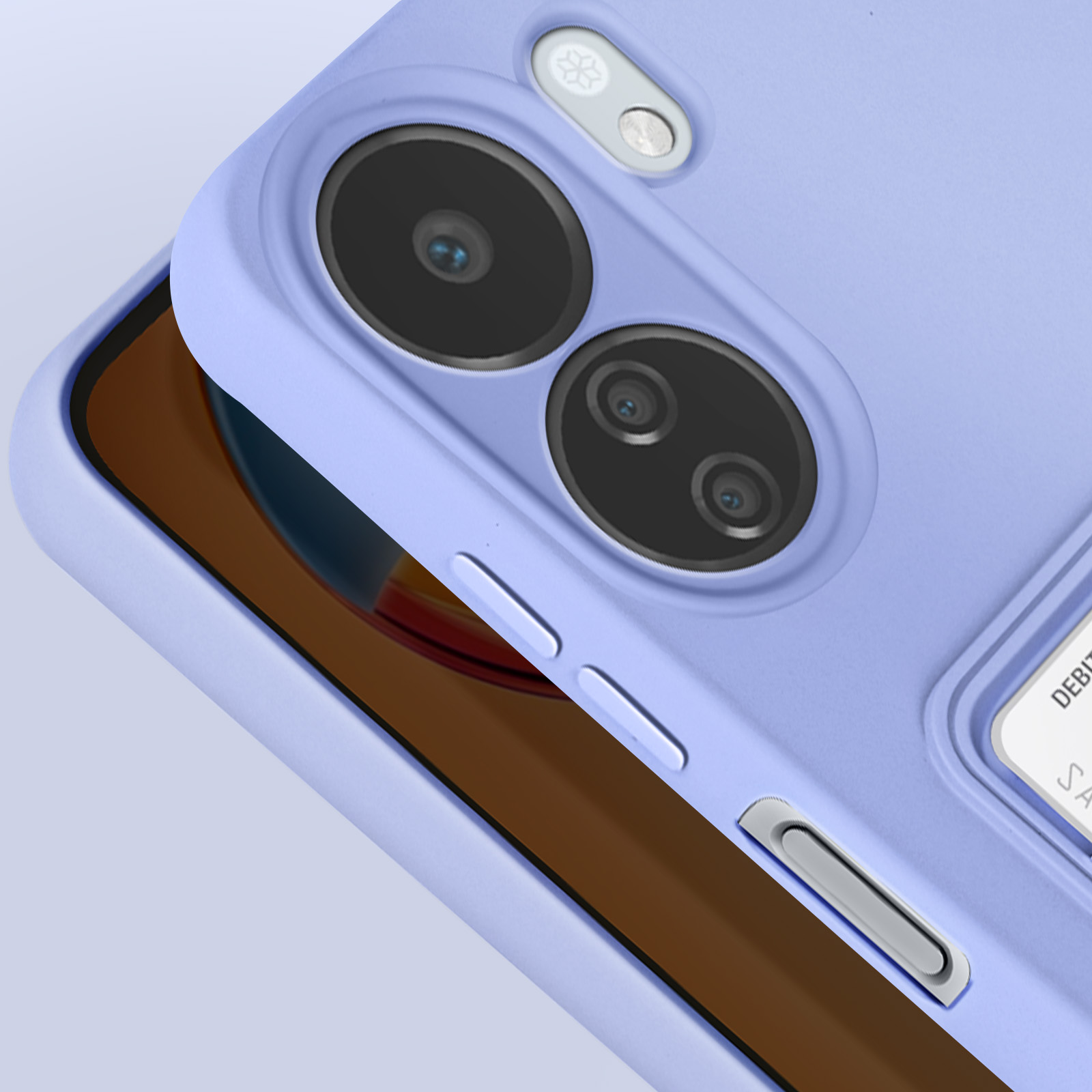 Custodia viola per telefono con dettagli della fotocamera. La custodia è intorno al telefono.