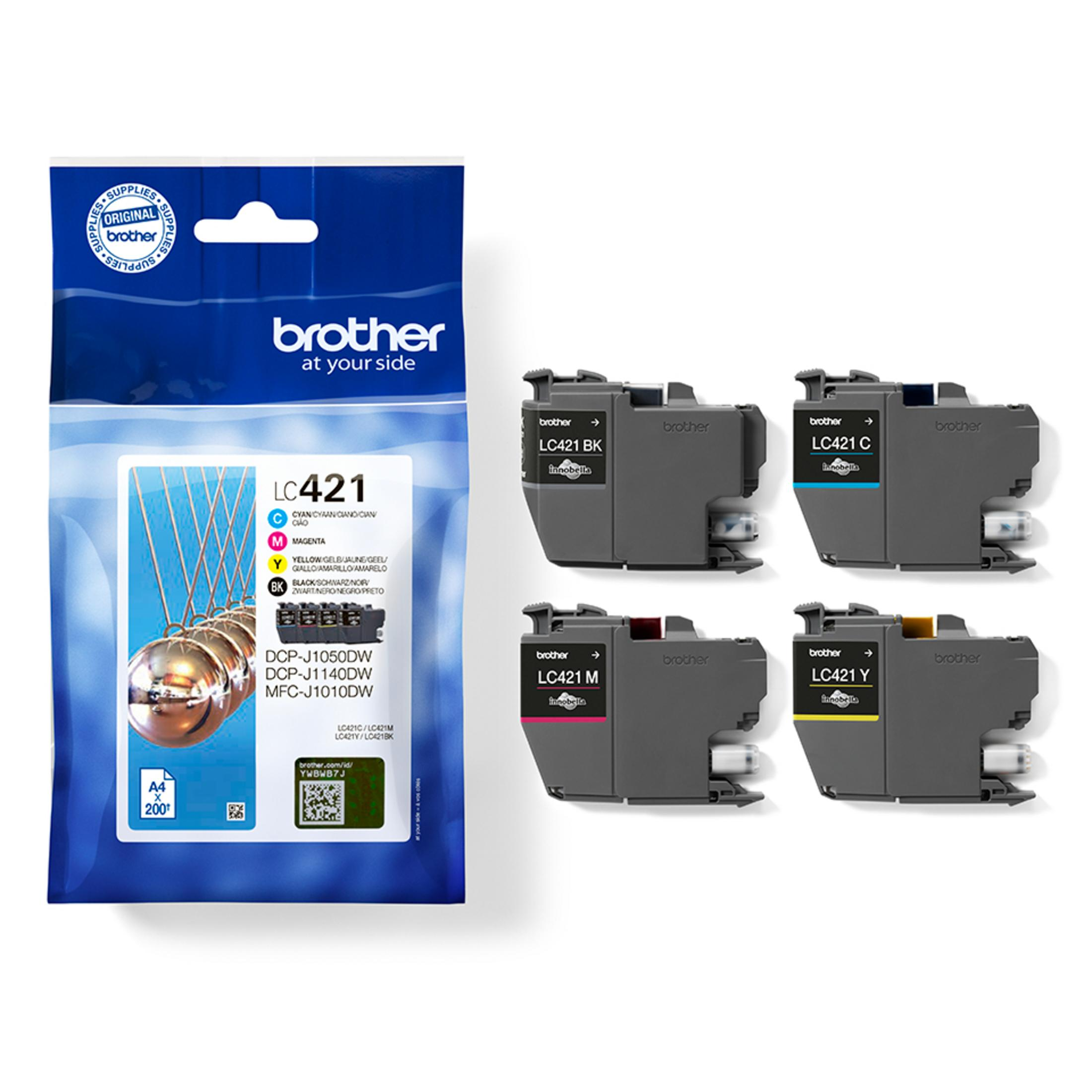 A package of ink cartridges and four ink cartridges. The package is blue and the cartridges are colored.