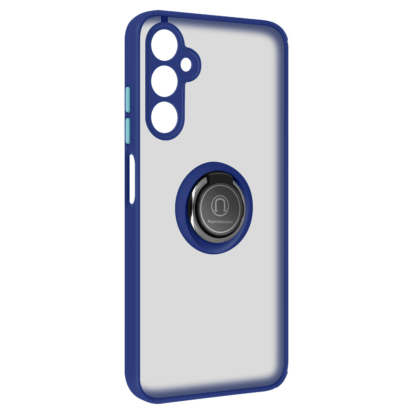 Custodia per telefono blu e trasparente con supporto ad anello argentato. Sfondo bianco.