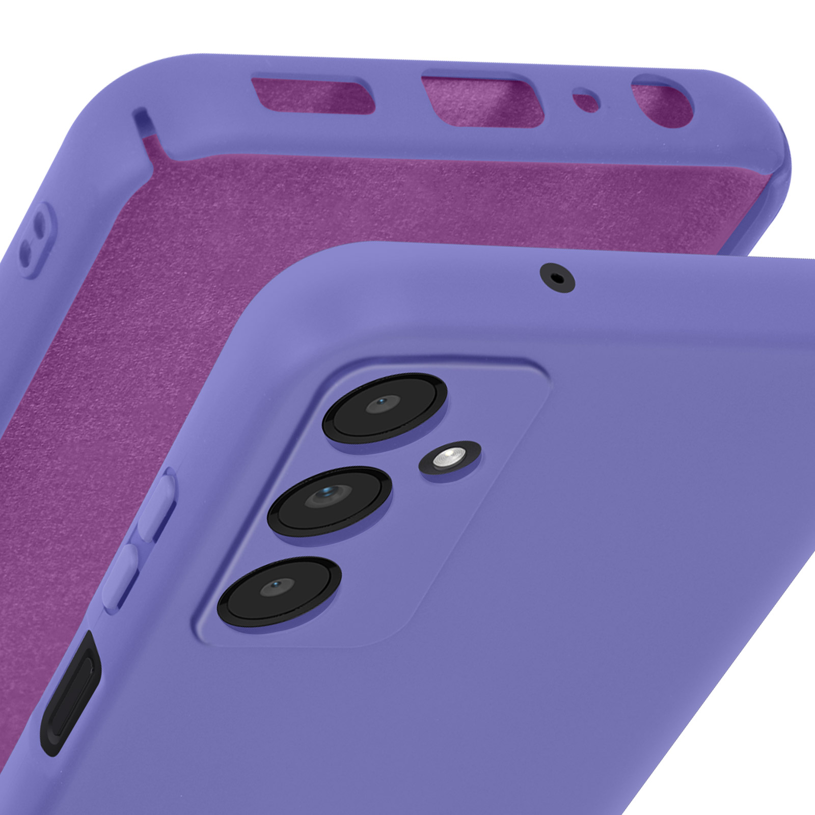 Gros plan d'une coque de téléphone violette avec objectifs.
