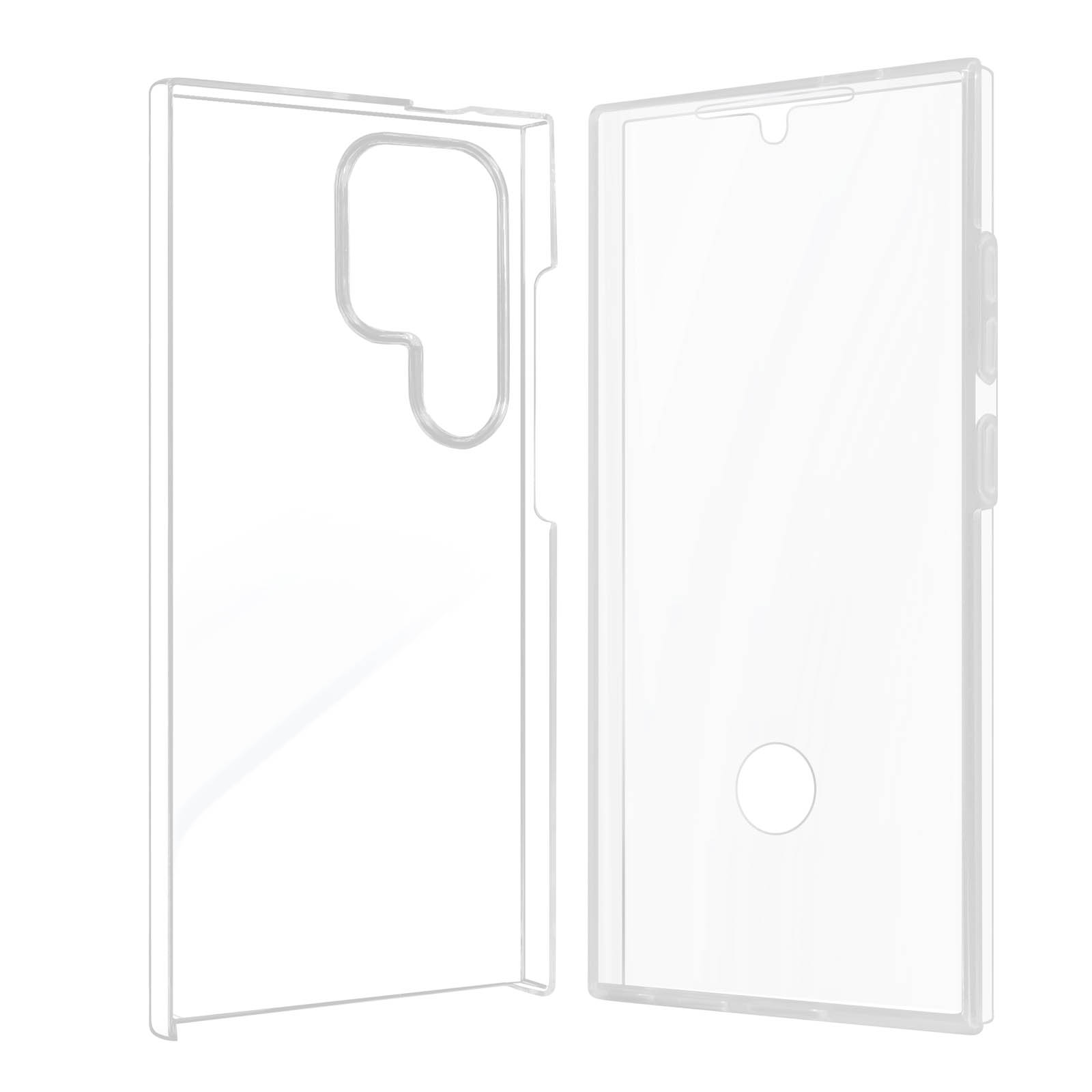 Vengono visualizzate due custodie trasparenti per telefono. Una ha una custodia sulla parte anteriore e posteriore.